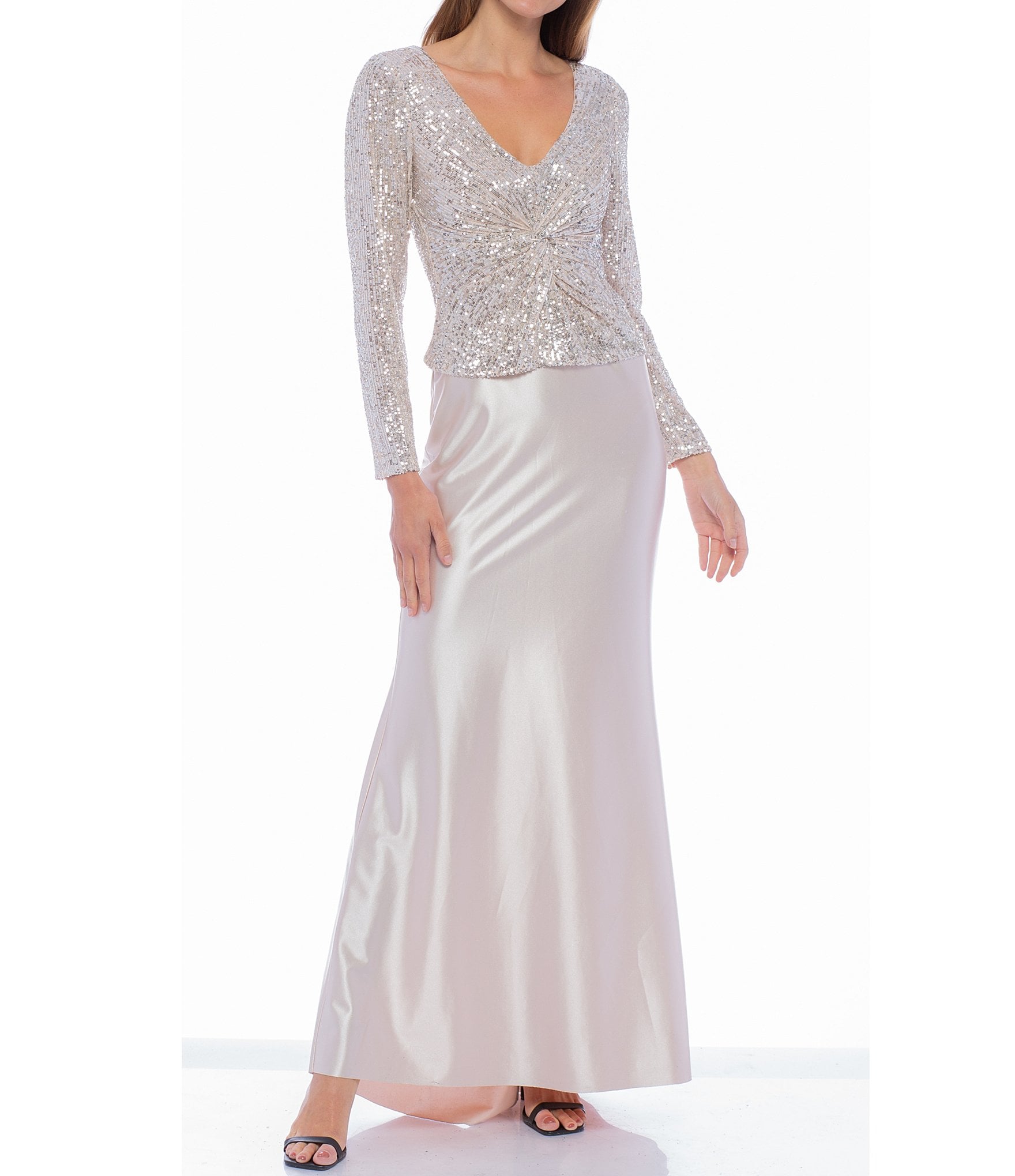 Marina Stretch Satin Long Sleeve V-Neck Satin Skirt Front Twist Detail Sequin Bodice Gown