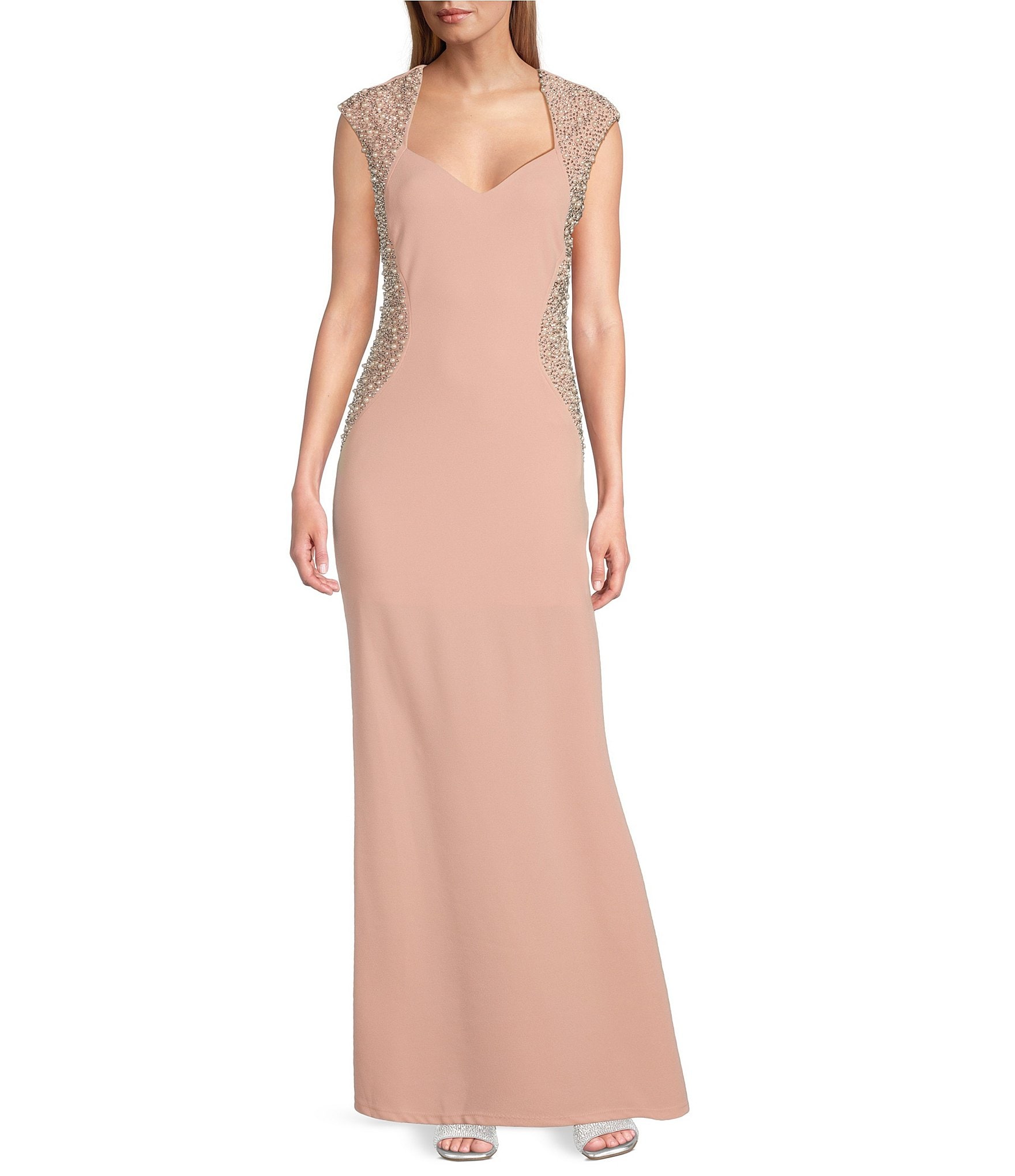 Marina Sweetheart Neck Cap Sleeve Beaded Side Detail Sheath Dress