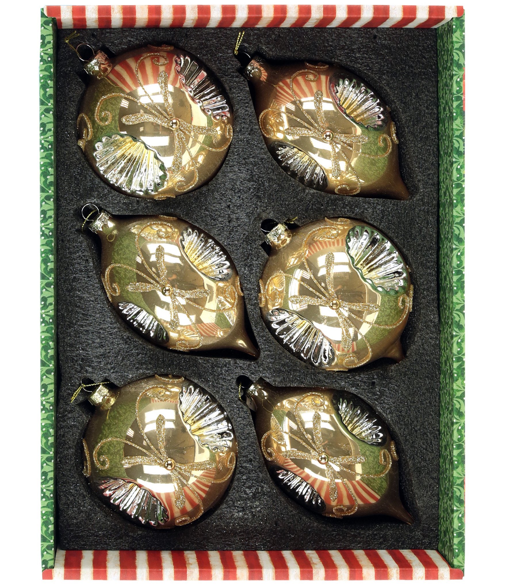 Mark Roberts Holiday Collection 6-Piece Assortment Scrolled Reflector Hanging Boxed Ornament Set