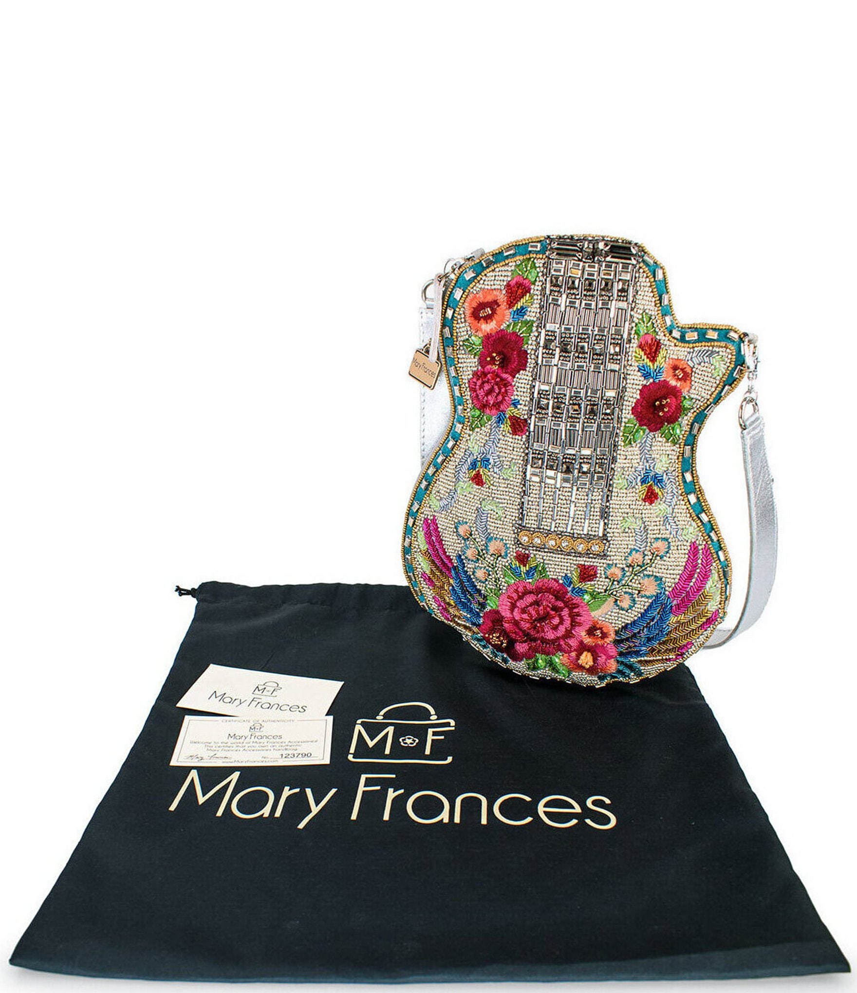Mary Frances Metallic Melody Beaded Floral Guitar Crossbody Bag