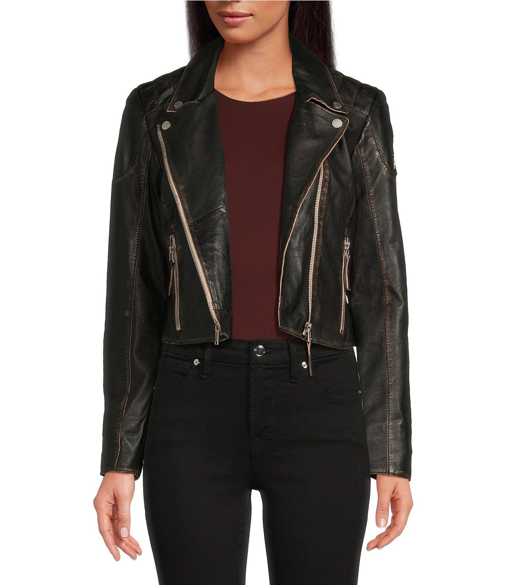 Mauritius Genuine Lambskin Leather Notch Collar Distressed Asymmetrical Zip Crop Moto Jacket