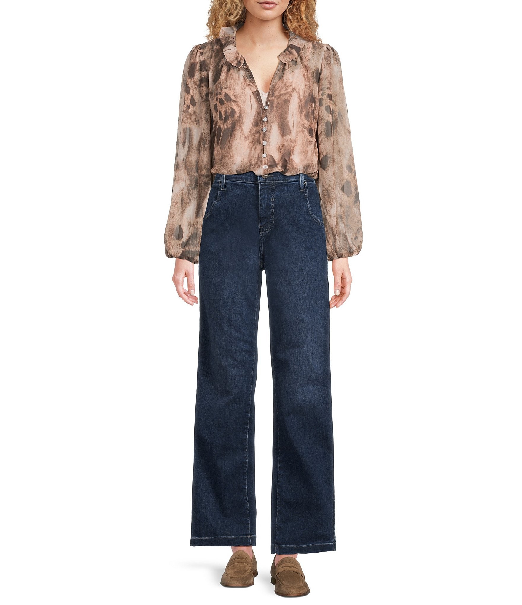 MELLODAY Animal Print Chiffon Ruffle V-Neck Long Sleeve Button Front Blouse