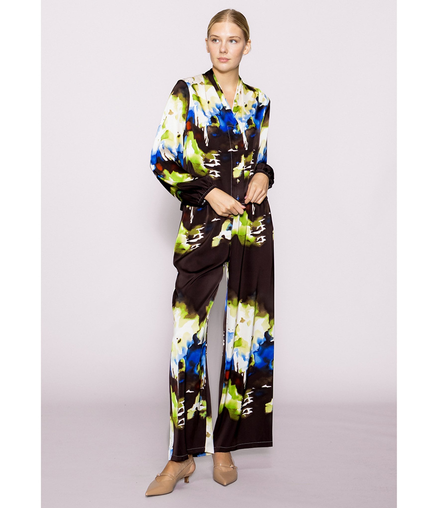 MELLODAY Coordinating Abstract Flowy Wide Leg Satin Pants