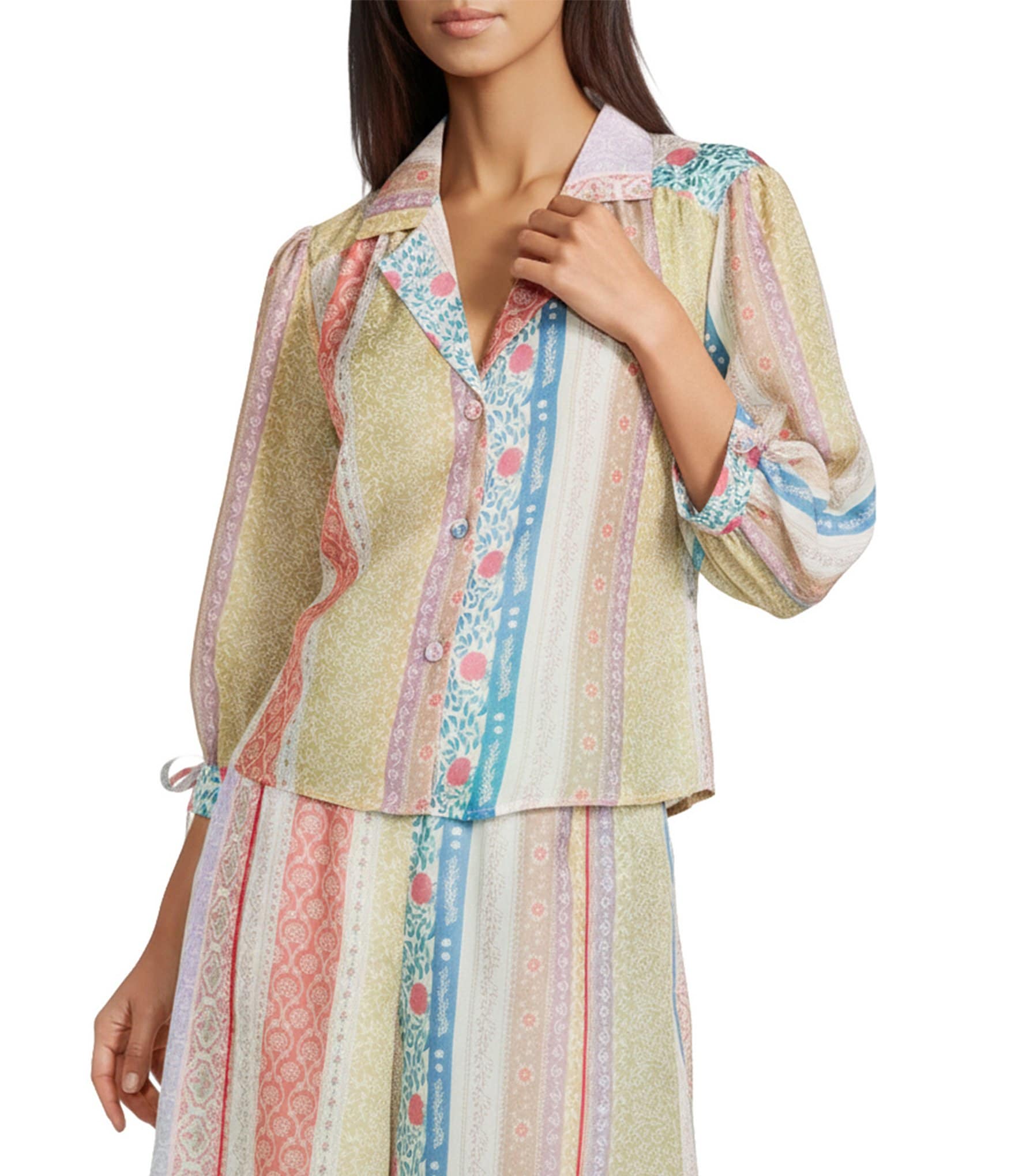 Melloday Coordinating Patchwork Print Organza Notched Spread Collar 3/4 Sleeve Boxy Button Front Top