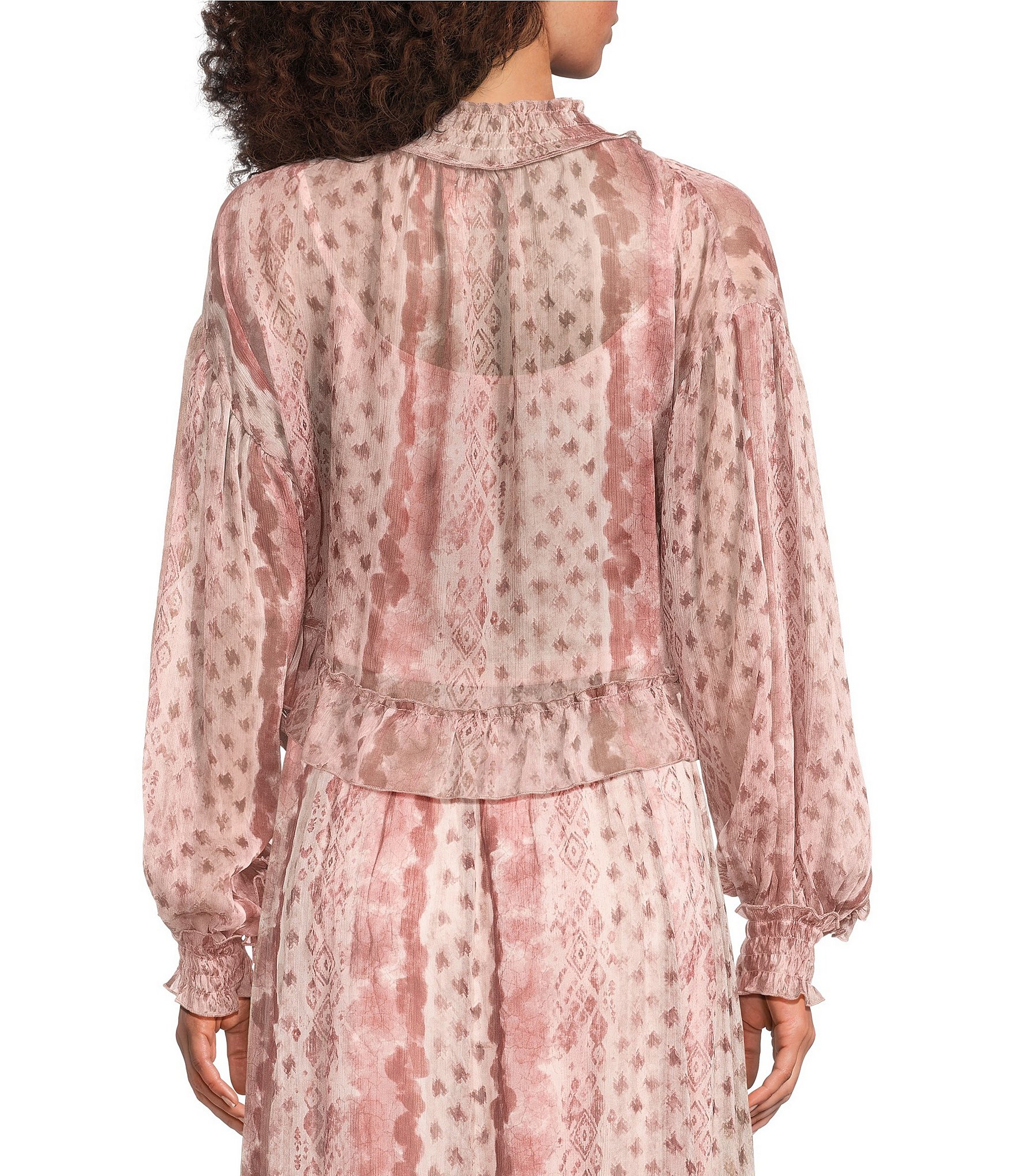 MELLODAY Coordinating Printed Chiffon Mock Neck Long Sleeve Ruffle Hem Blouse