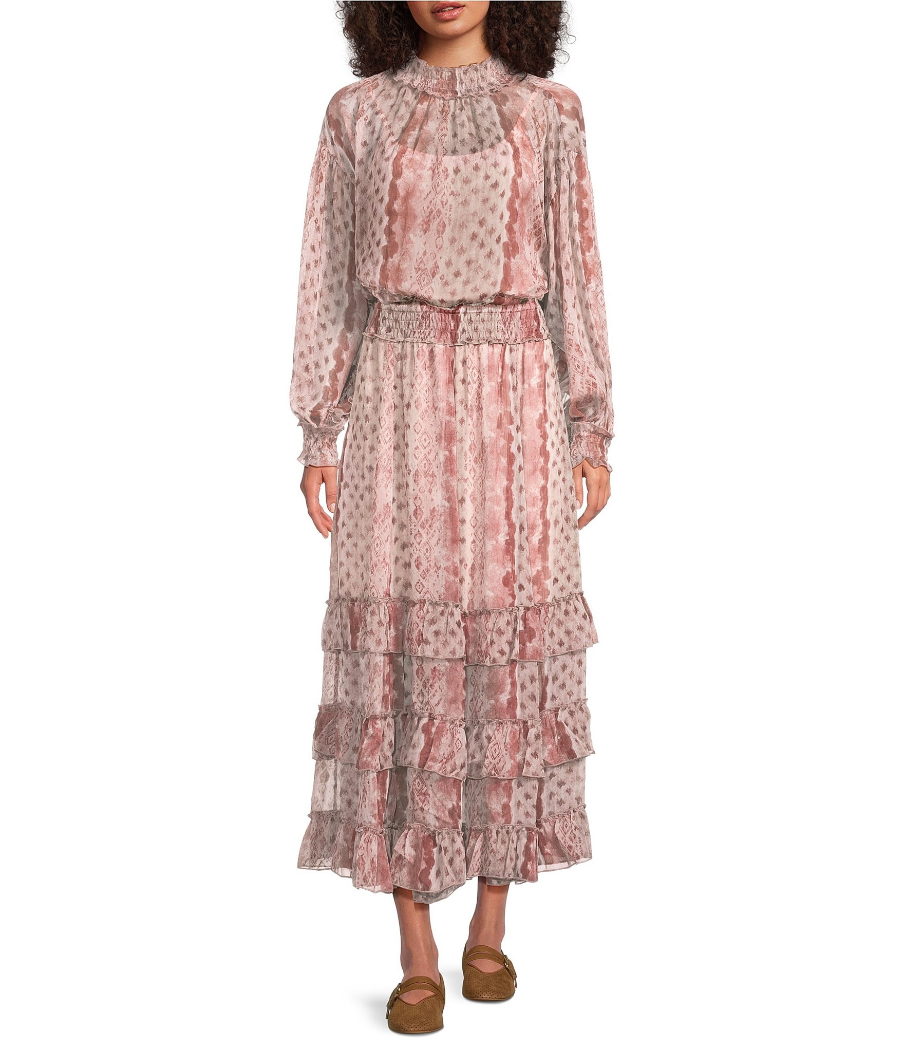 MELLODAY Coordinating Printed Chiffon Mock Neck Long Sleeve Ruffle Hem Blouse