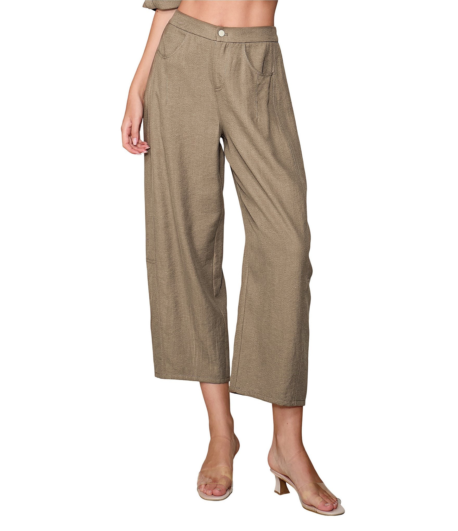MELLODAY Coordinating Twill Barrel Leg Button Front Pants