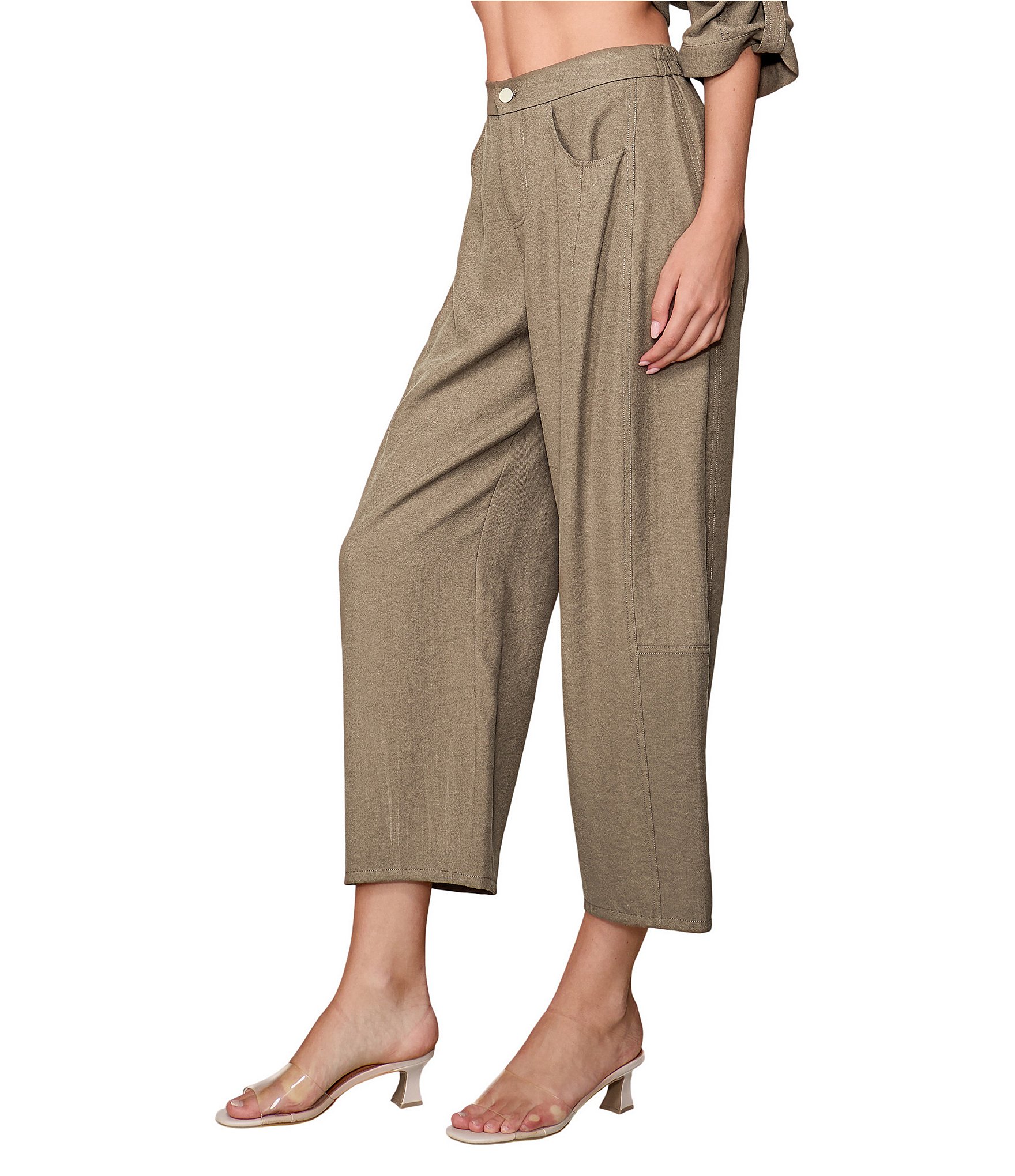 MELLODAY Coordinating Twill Barrel Leg Button Front Pants