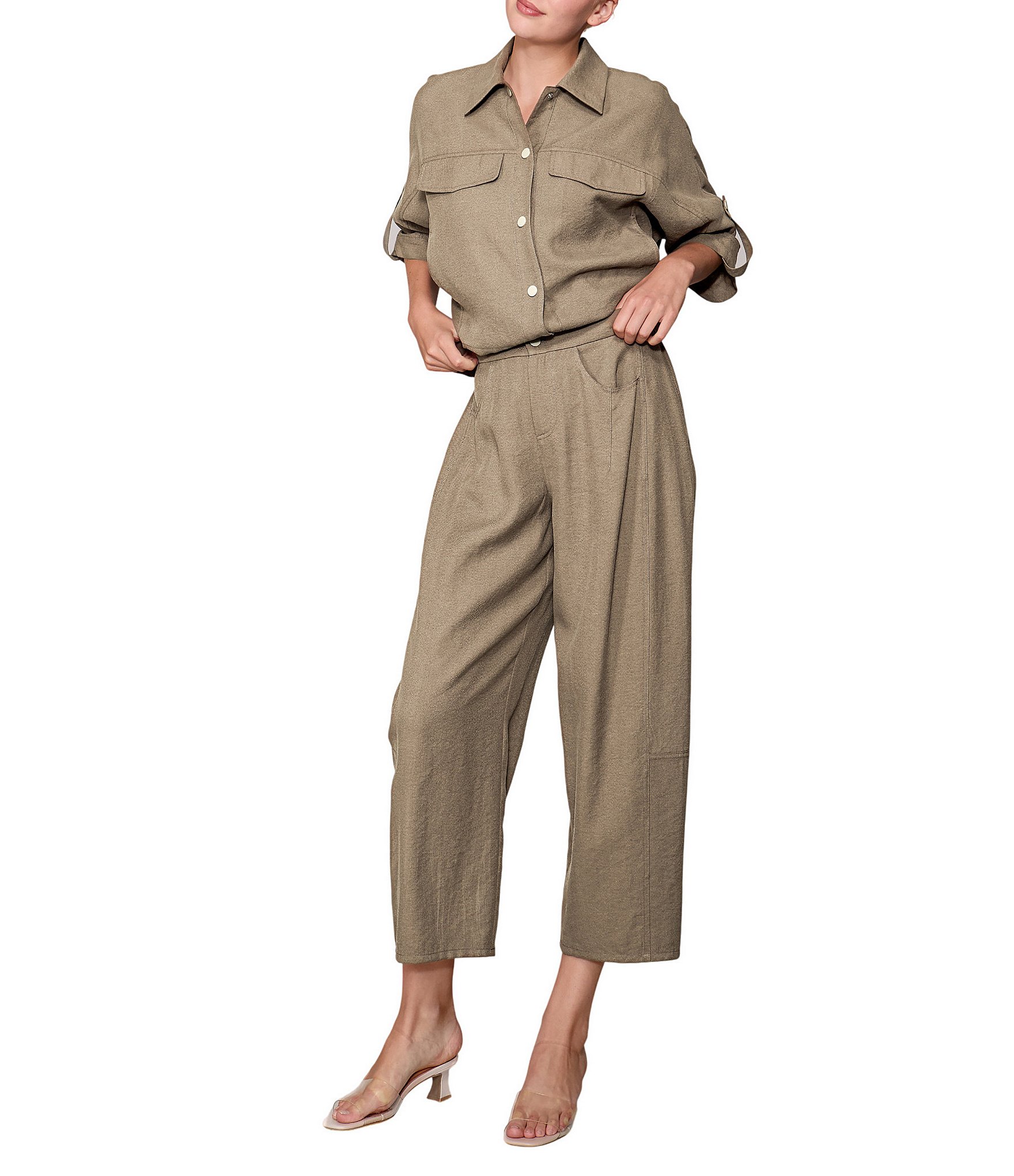 MELLODAY Coordinating Twill Barrel Leg Button Front Pants