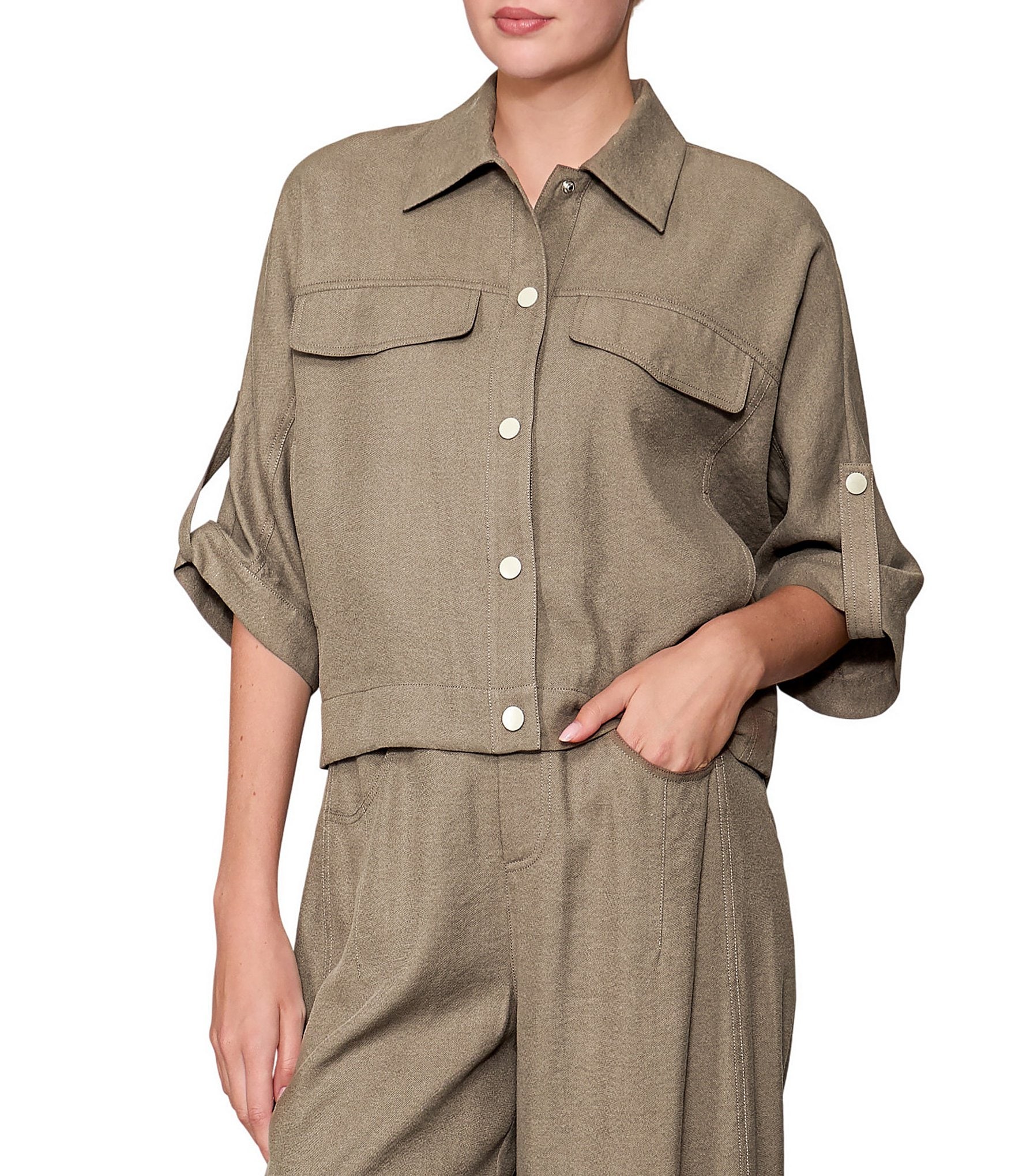 MELLODAY Coordinating Twill Point Collar Roll Tab Sleeve Utility Jacket
