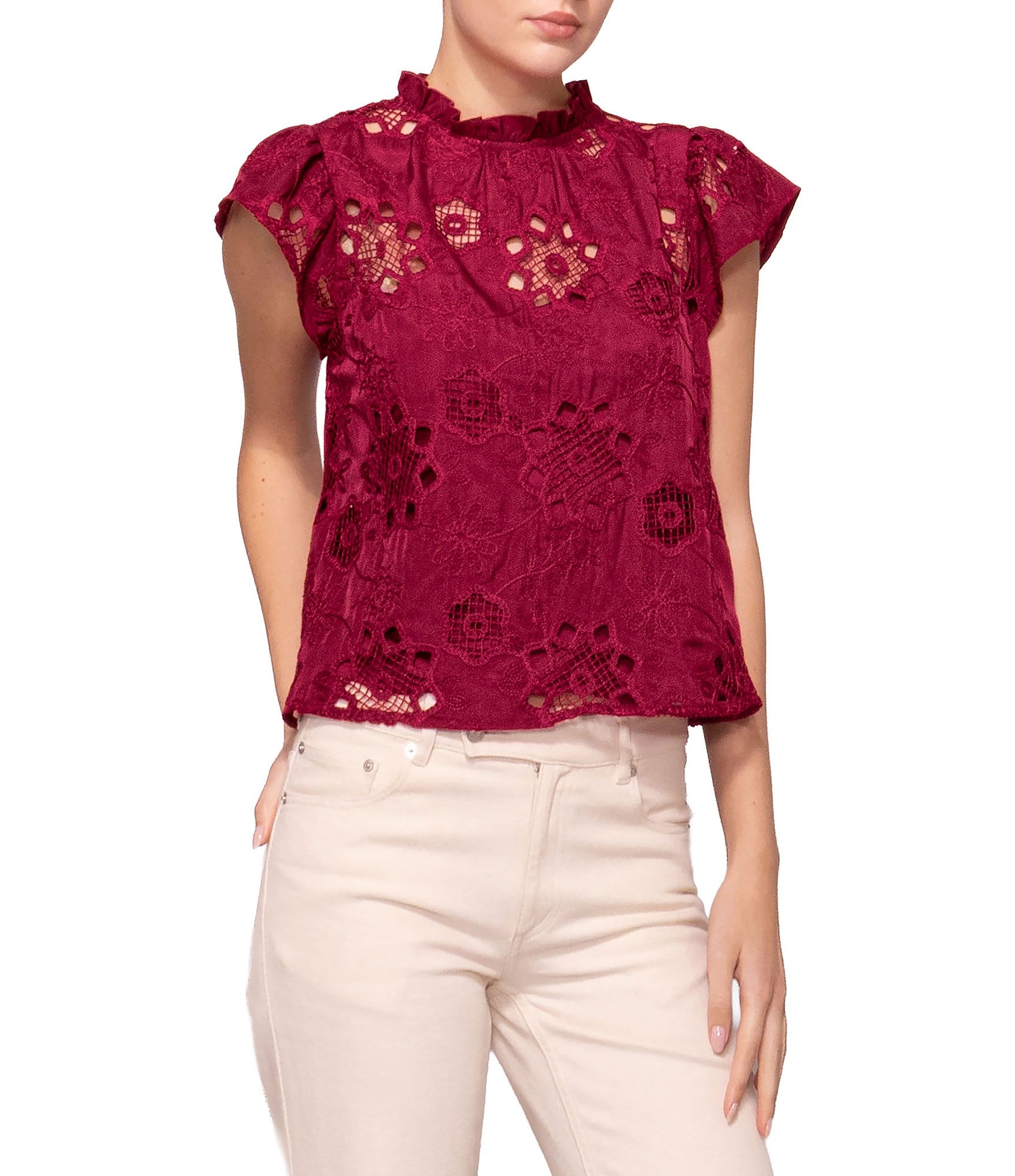 MELLODAY Embroidered Eyelet Ruffle Neck Flutter Cap Sleeve Top