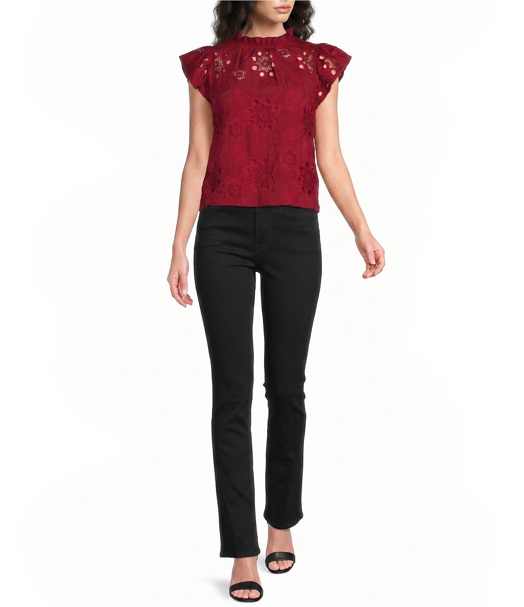 MELLODAY Embroidered Eyelet Ruffle Neck Flutter Cap Sleeve Top