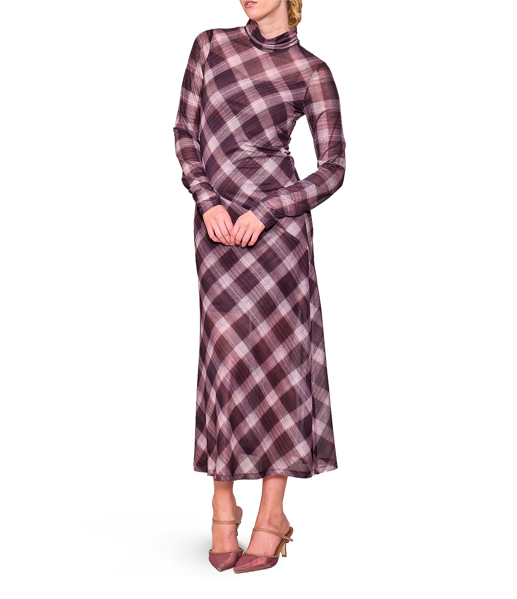 MELLODAY Plaid Printed Asymmetric Style Line Mock Neck Long Sleeve Column Midi Dress