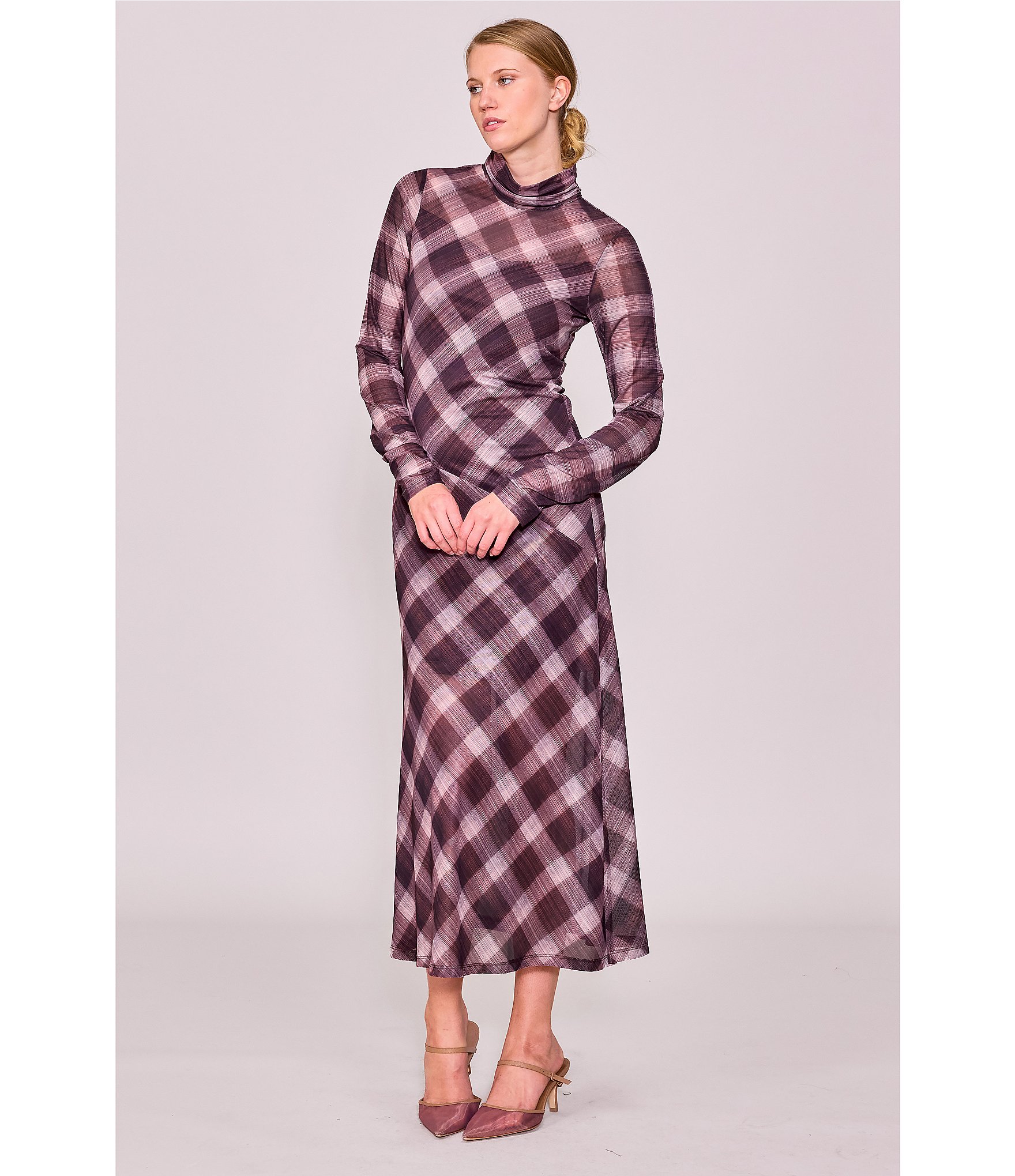MELLODAY Plaid Printed Asymmetric Style Line Mock Neck Long Sleeve Column Midi Dress