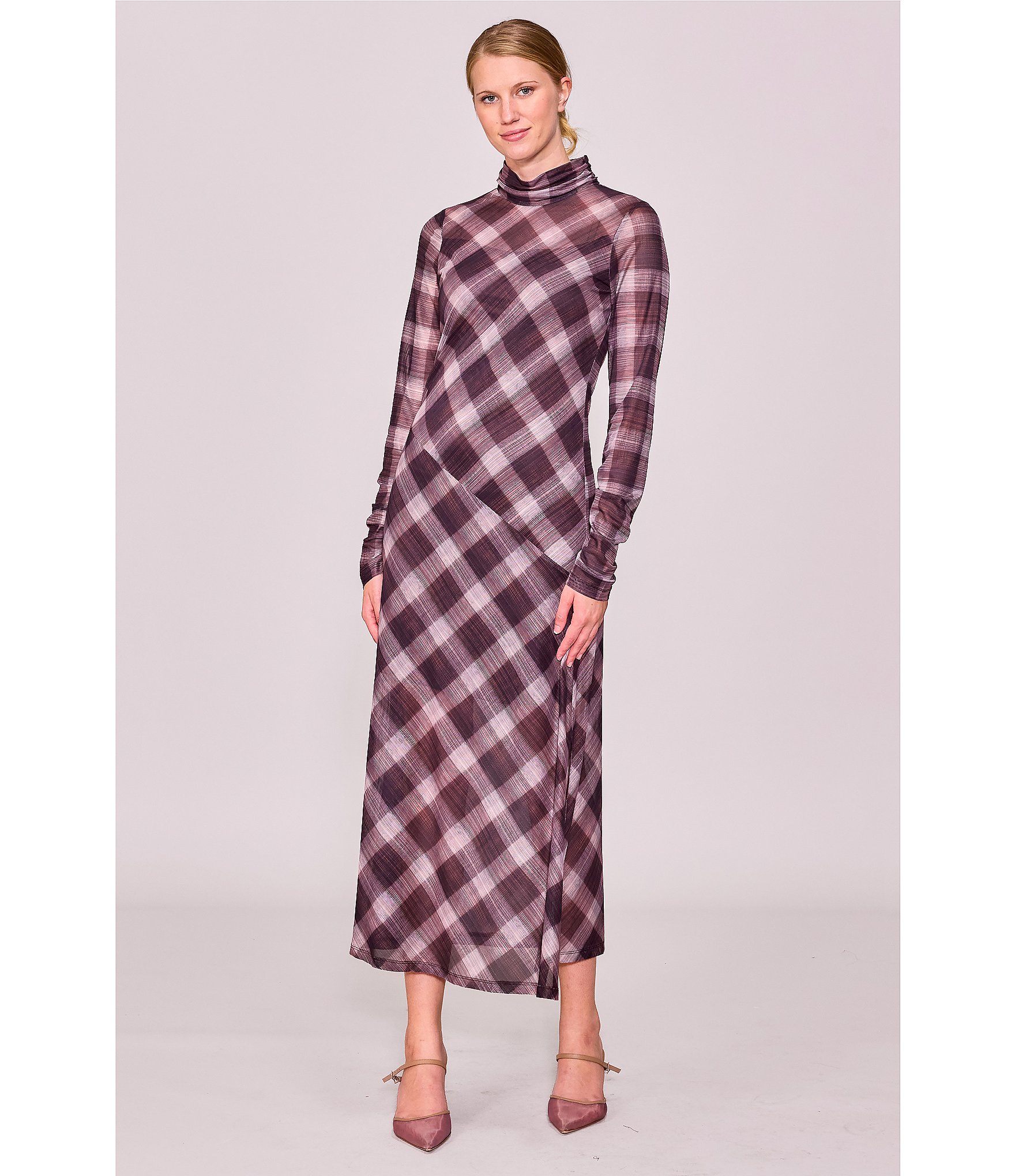 MELLODAY Plaid Printed Asymmetric Style Line Mock Neck Long Sleeve Column Midi Dress