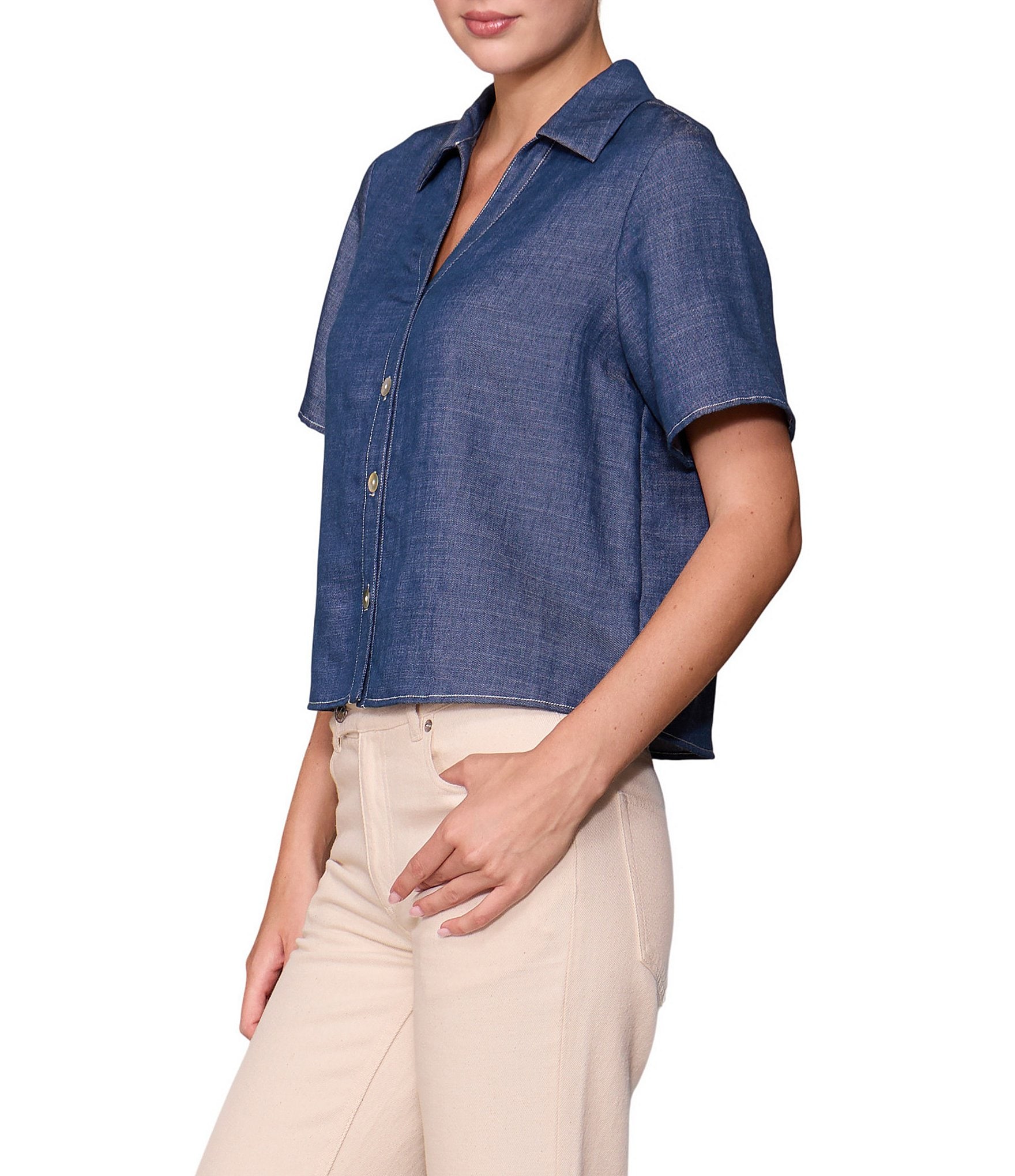 MELLODAY Point Collar Boxy Short Sleeve Denim Top