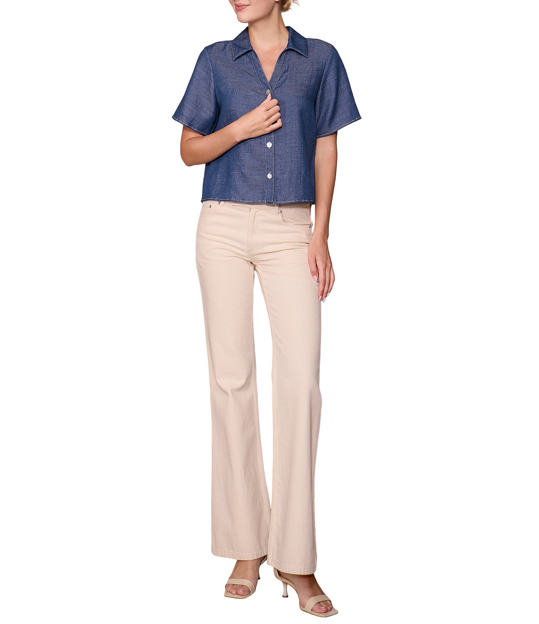 MELLODAY Point Collar Boxy Short Sleeve Denim Top