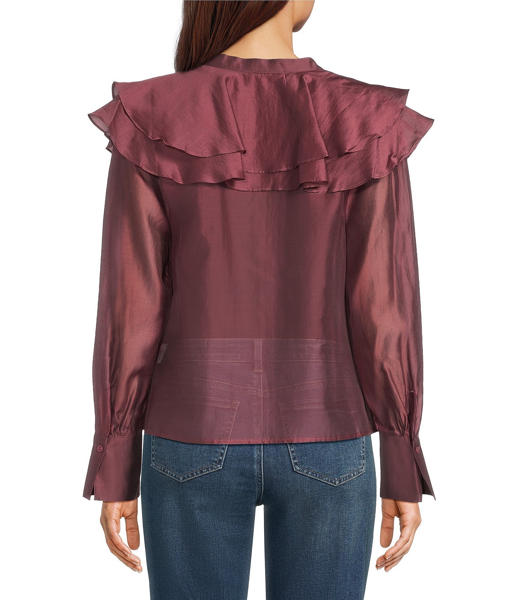 MELLODAY Tencel Organza Split Neck Long Sleeve Ruffle Button Front Blouse