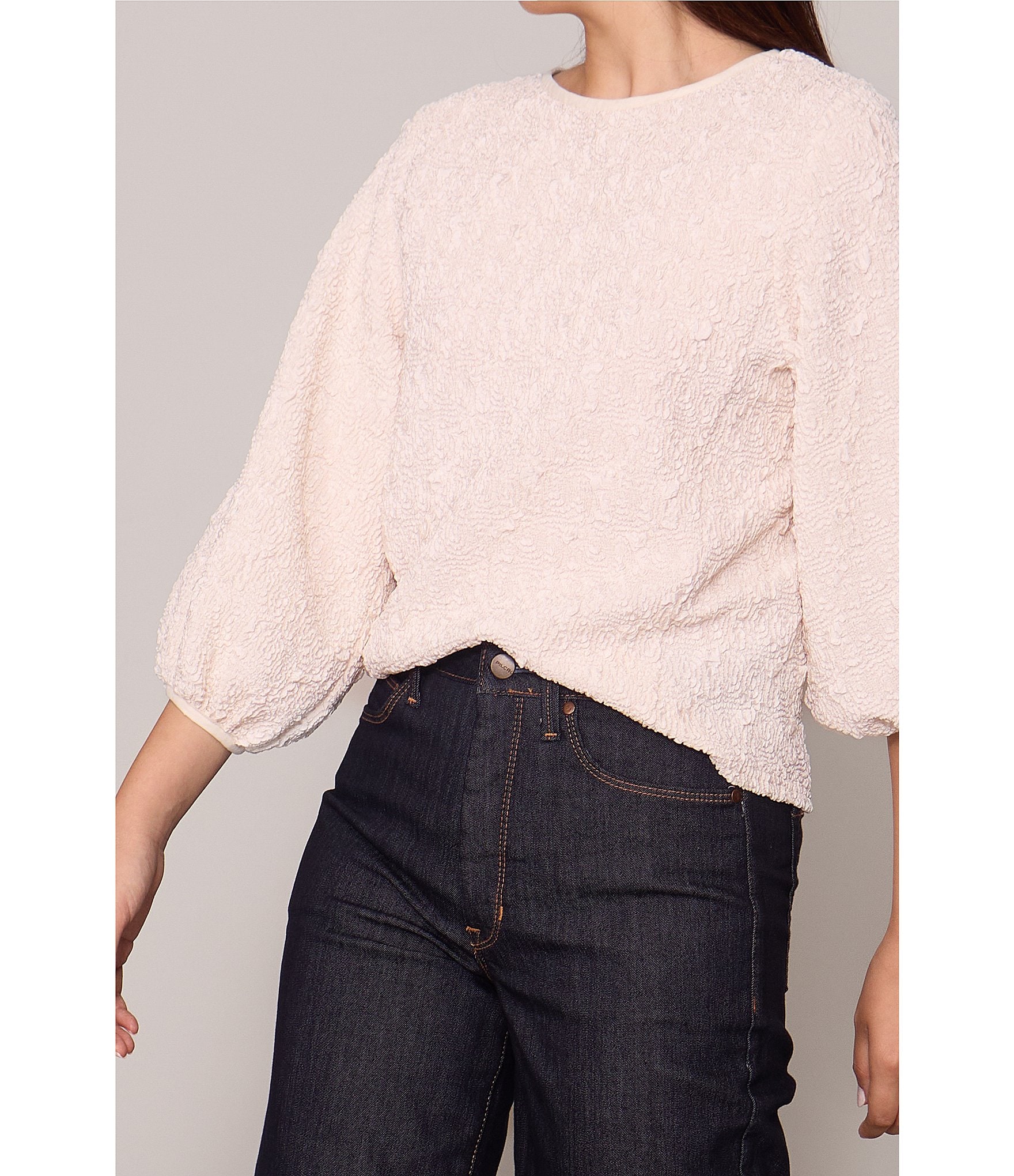 MELLODAY Textured Knit Round Neck 3/4 Sleeve Pullover Top