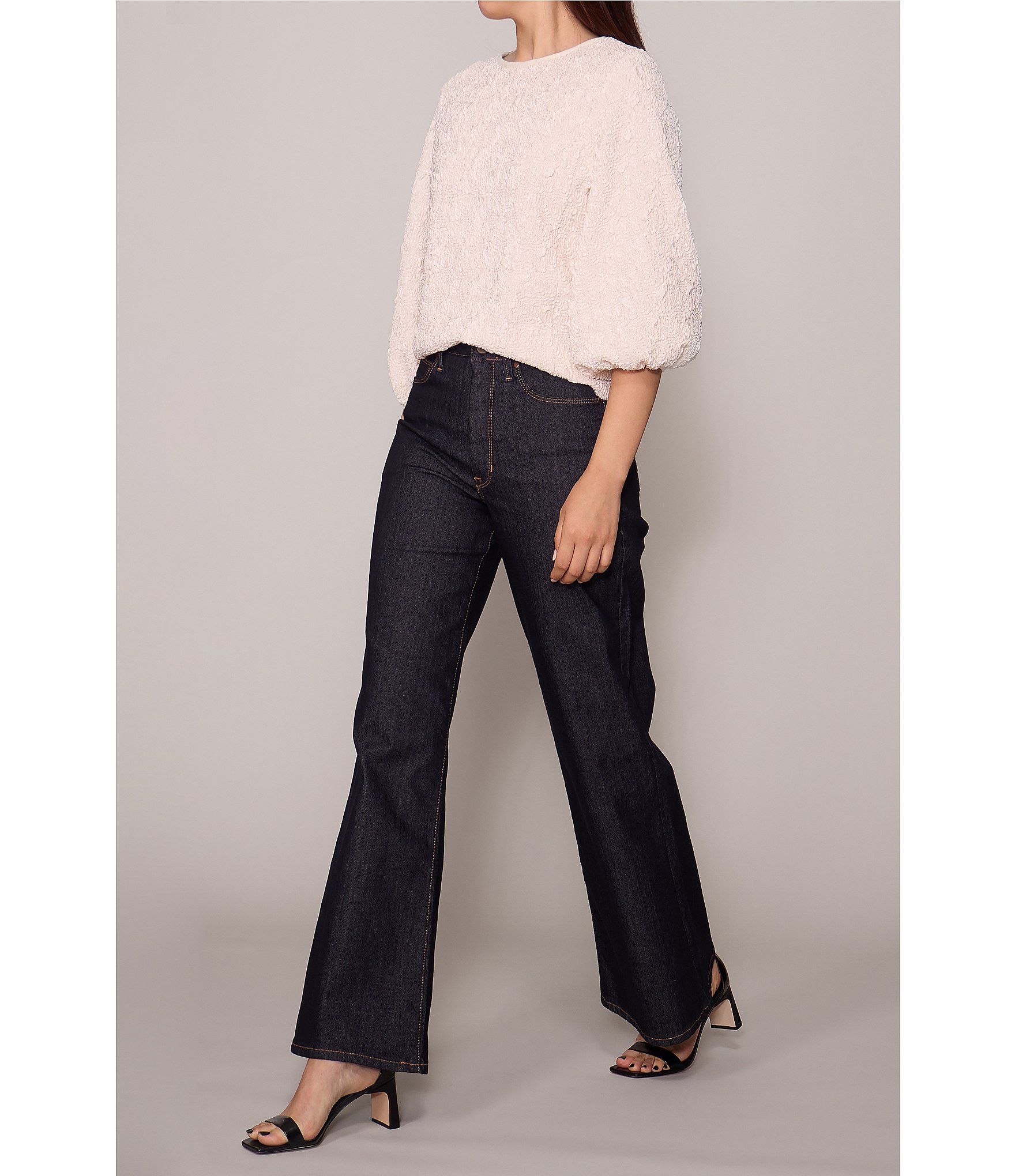 MELLODAY Textured Knit Round Neck 3/4 Sleeve Pullover Top