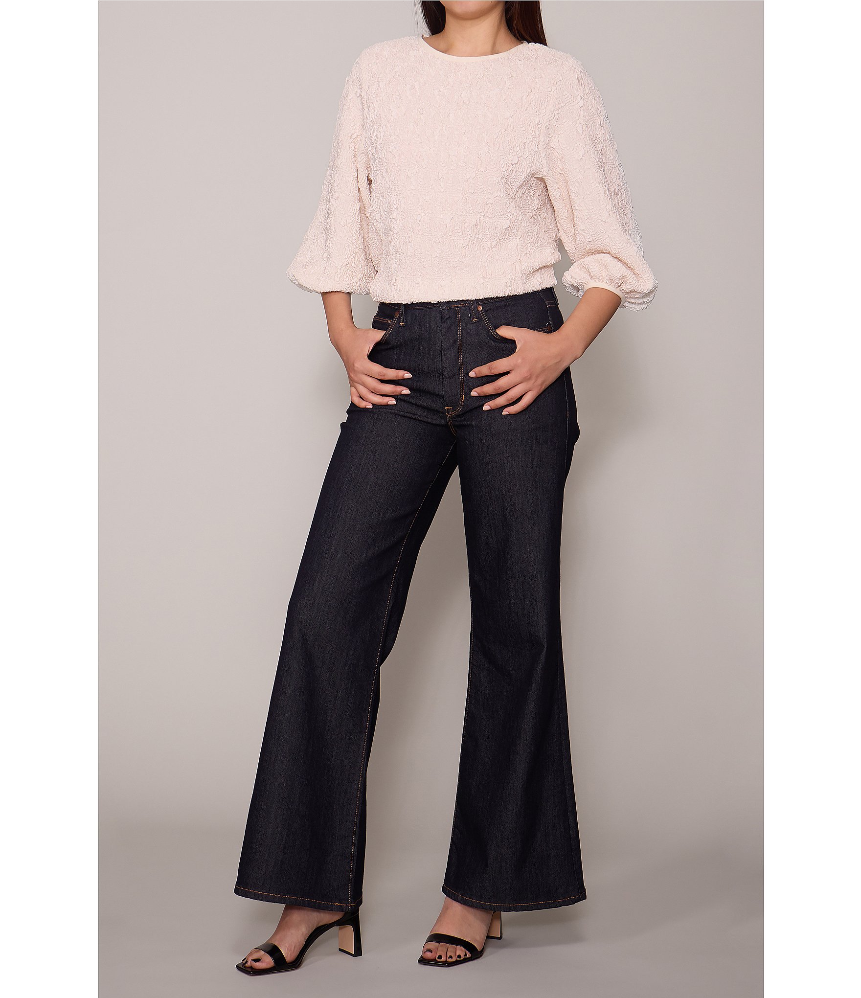 MELLODAY Textured Knit Round Neck 3/4 Sleeve Pullover Top