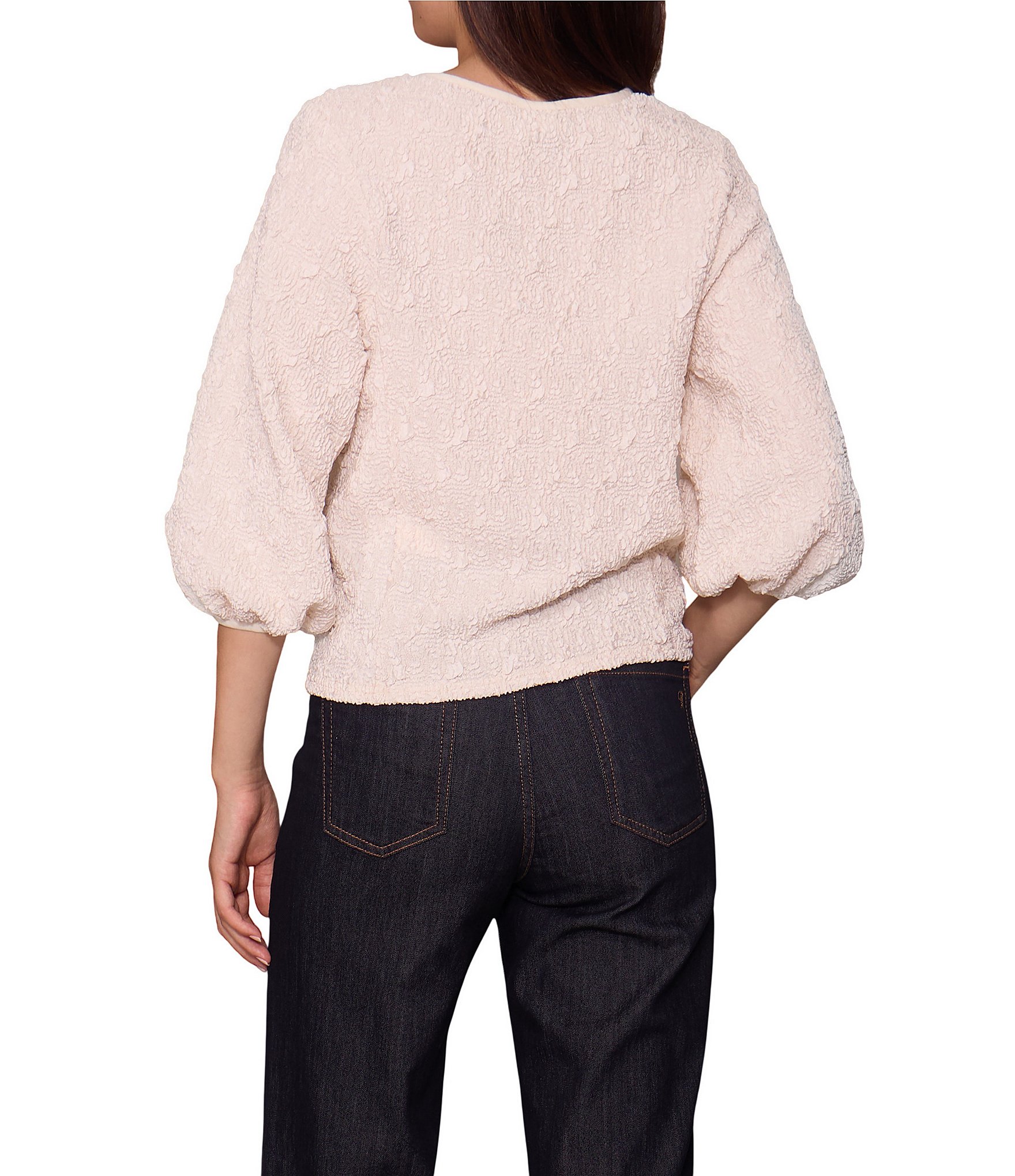 MELLODAY Textured Knit Round Neck 3/4 Sleeve Pullover Top