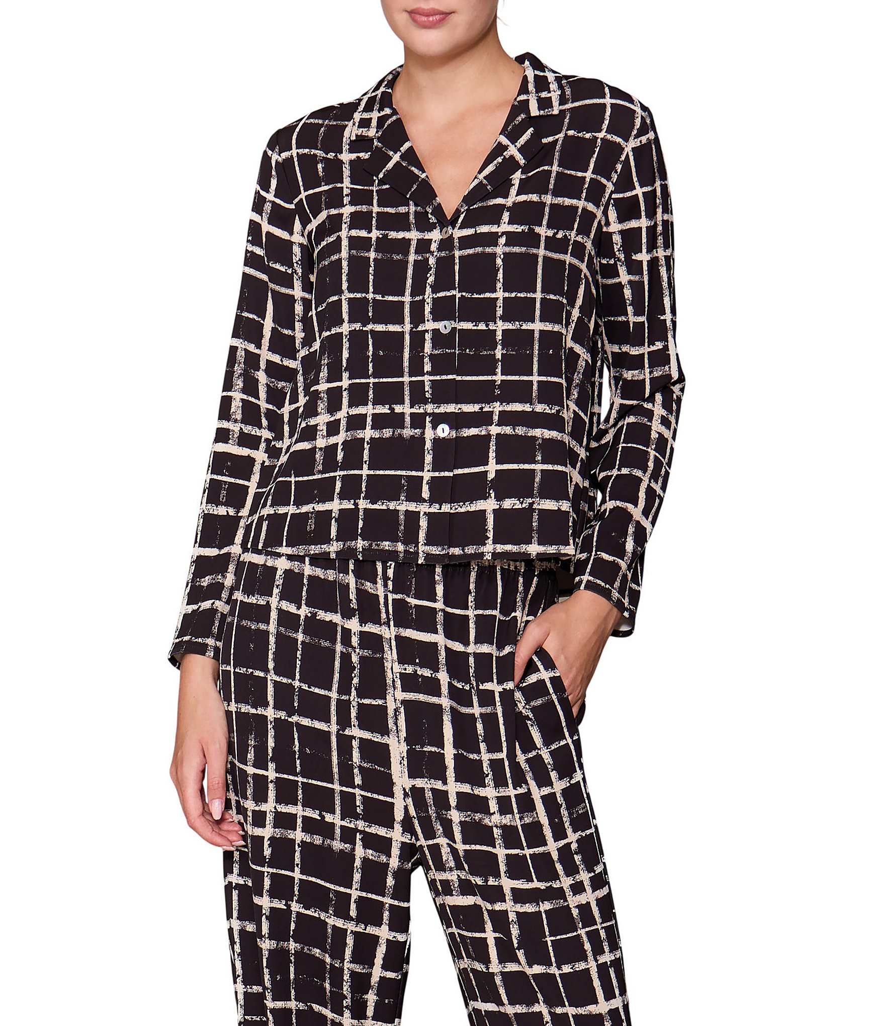MELLODAY Woven Lux Crepe Notch Collar Long Sleeve Button Front Coordinating Top