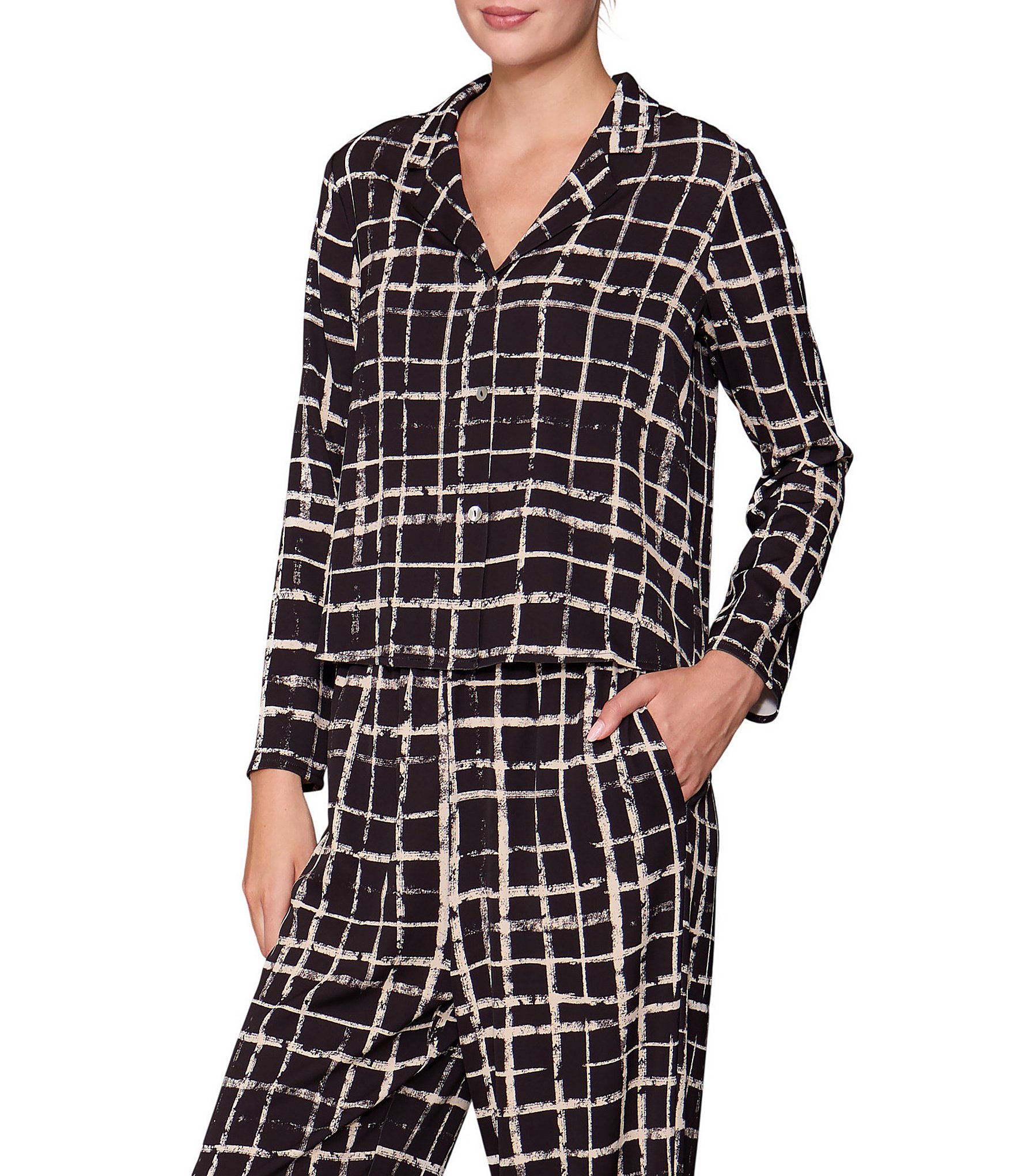 MELLODAY Woven Lux Crepe Notch Collar Long Sleeve Button Front Coordinating Top