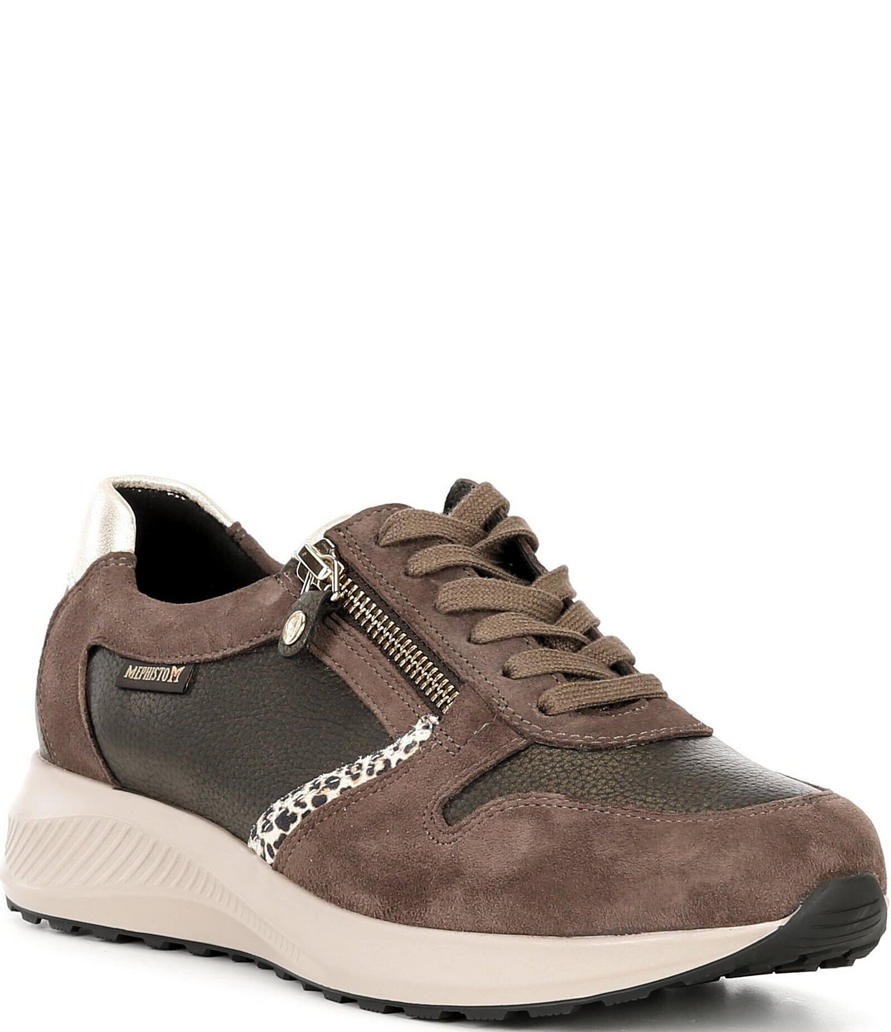 Mephisto Kim Suede and Leather Leopard Detail Zipper Sneakers