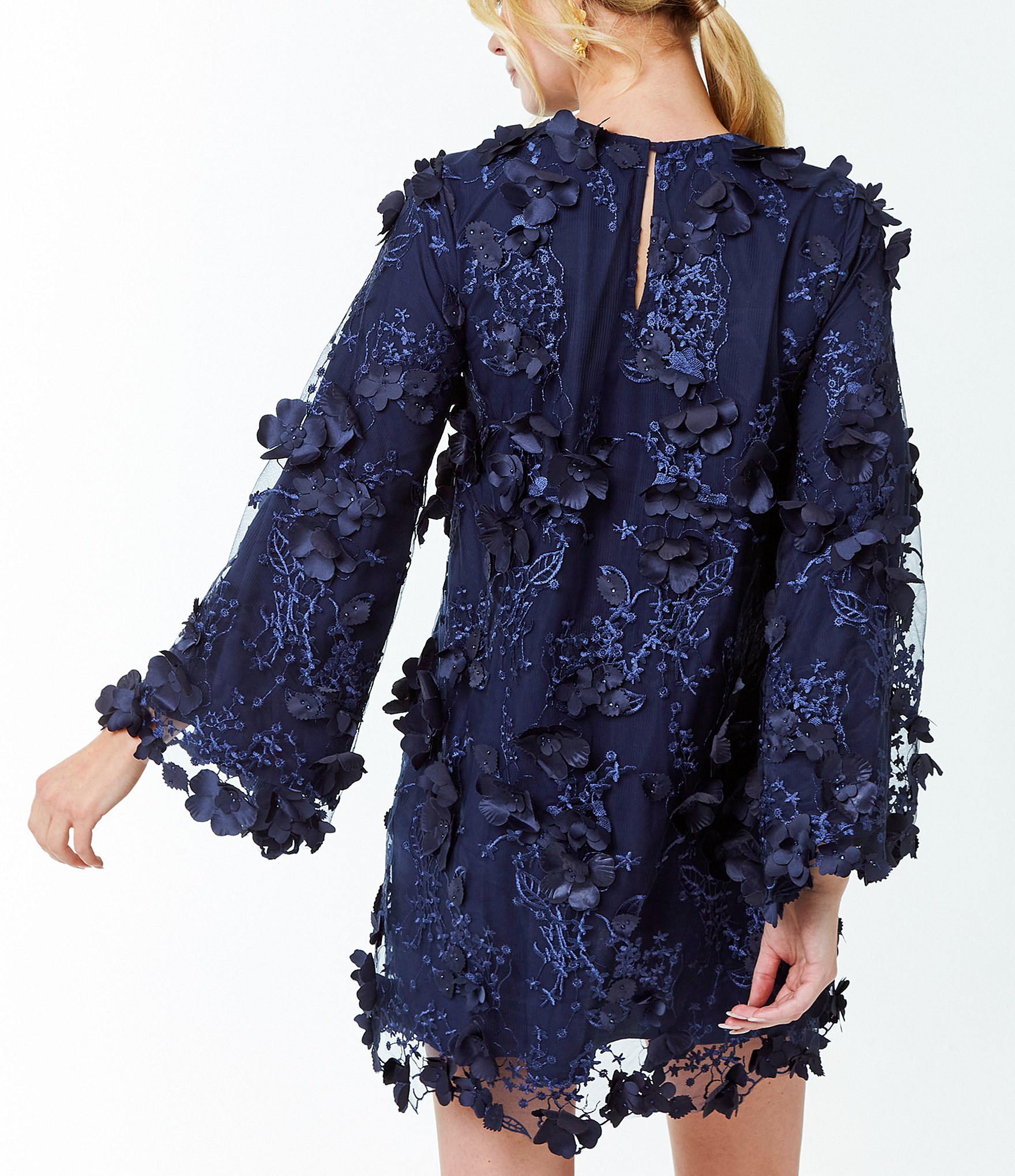 Mestiza New York 3D Floral Lace Embellished Mesh Crew Neck Long Flare Sleeve Shift Mini Dress