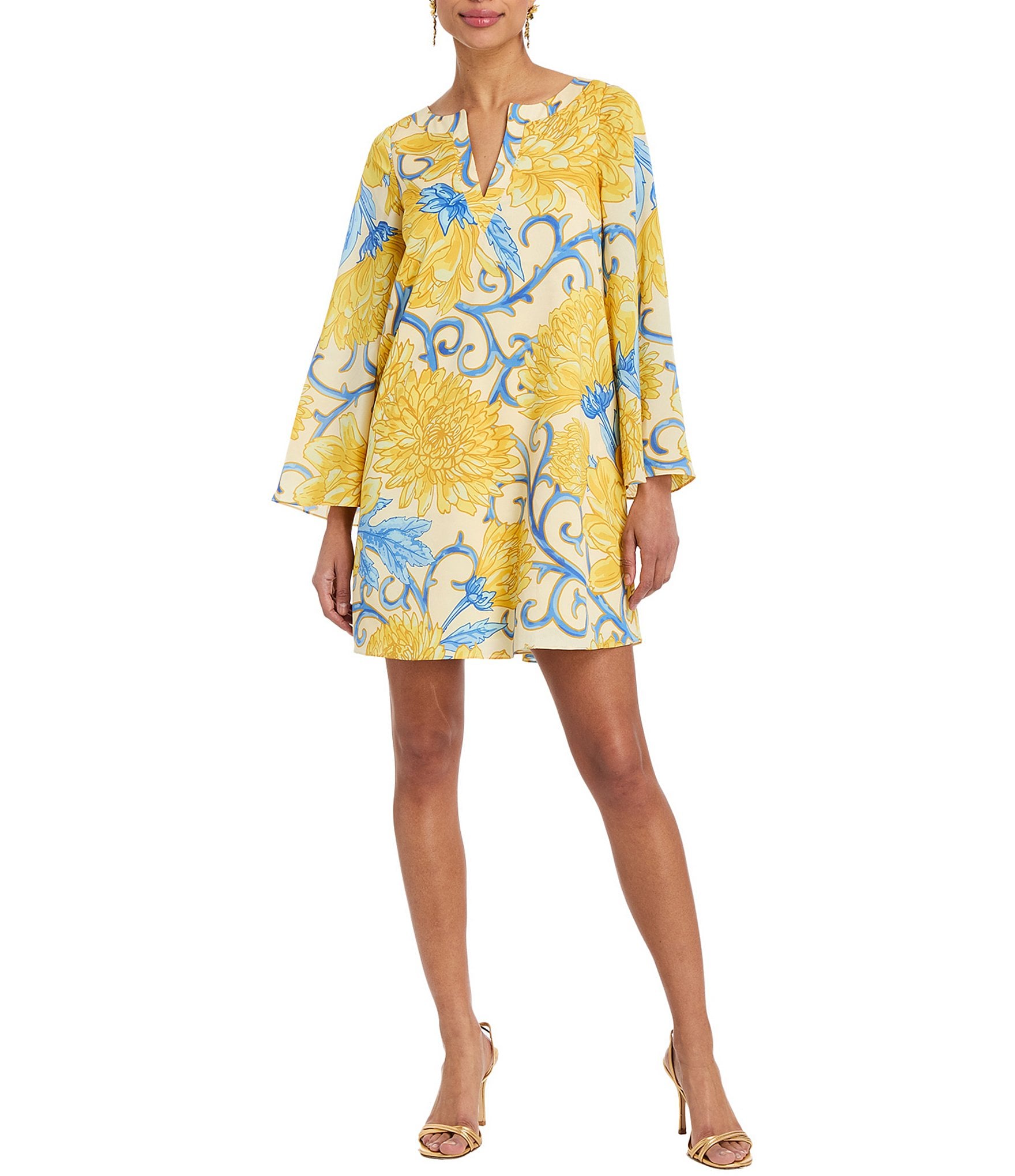 Mestiza New York Cabo Printed Twill Split V-Neck Long Bell Sleeve Caftan Mini Dress