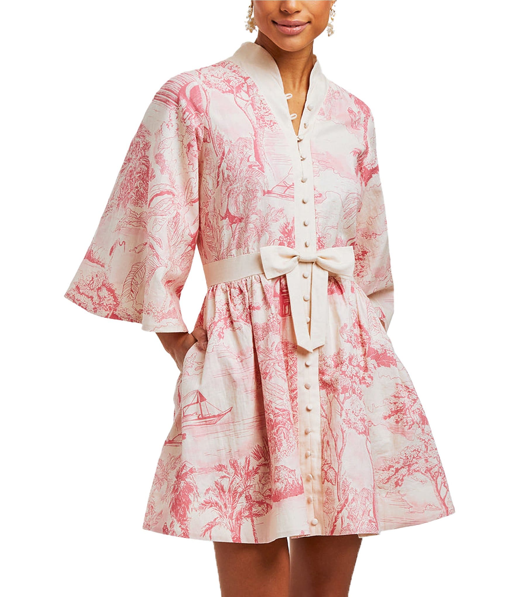 Mestiza New York Carmen Toile Print Button Up Mandarin Collar Butterfly 3/4 Sleeve Bow Tie Waist Mini A-Line Dress