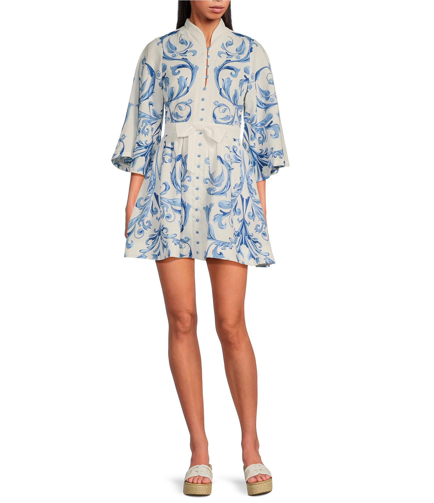Mestiza New York Carmen Floral Print Mandarin Collar 3/4 Full Sleeve Tie-Waist Mini A-Line Dress