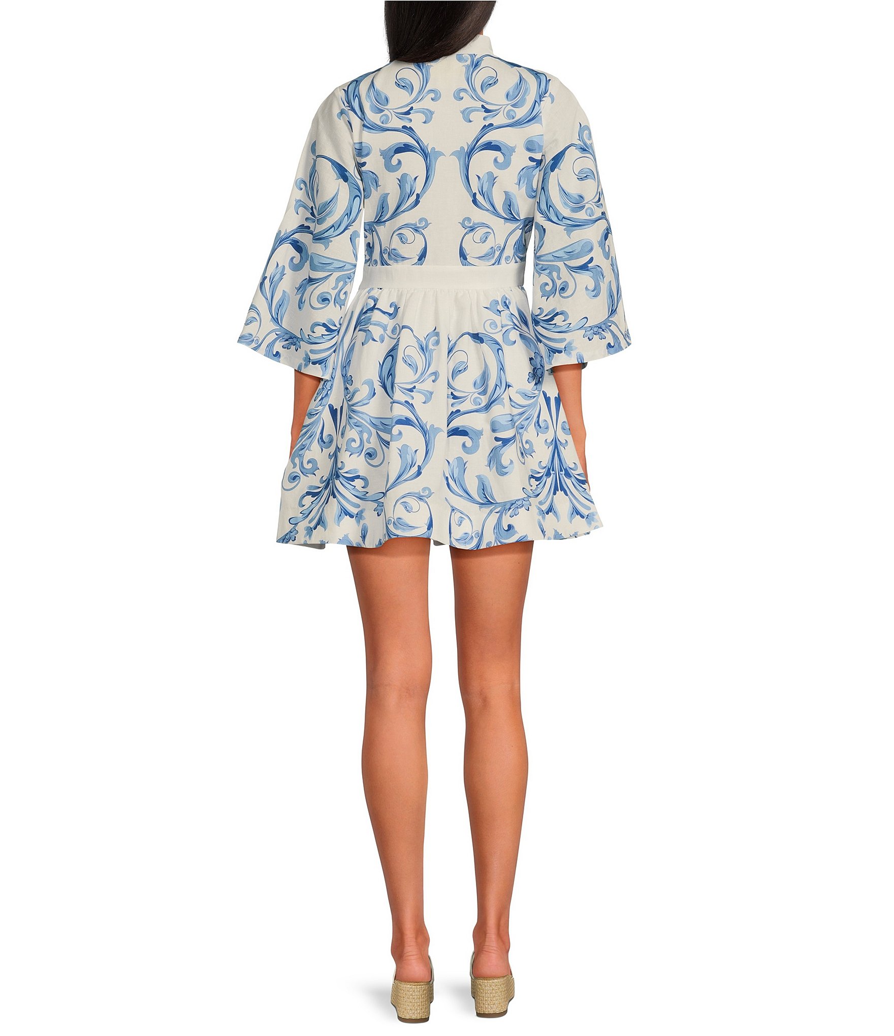 Mestiza New York Carmen Floral Print Mandarin Collar 3/4 Full Sleeve Tie-Waist Mini A-Line Dress