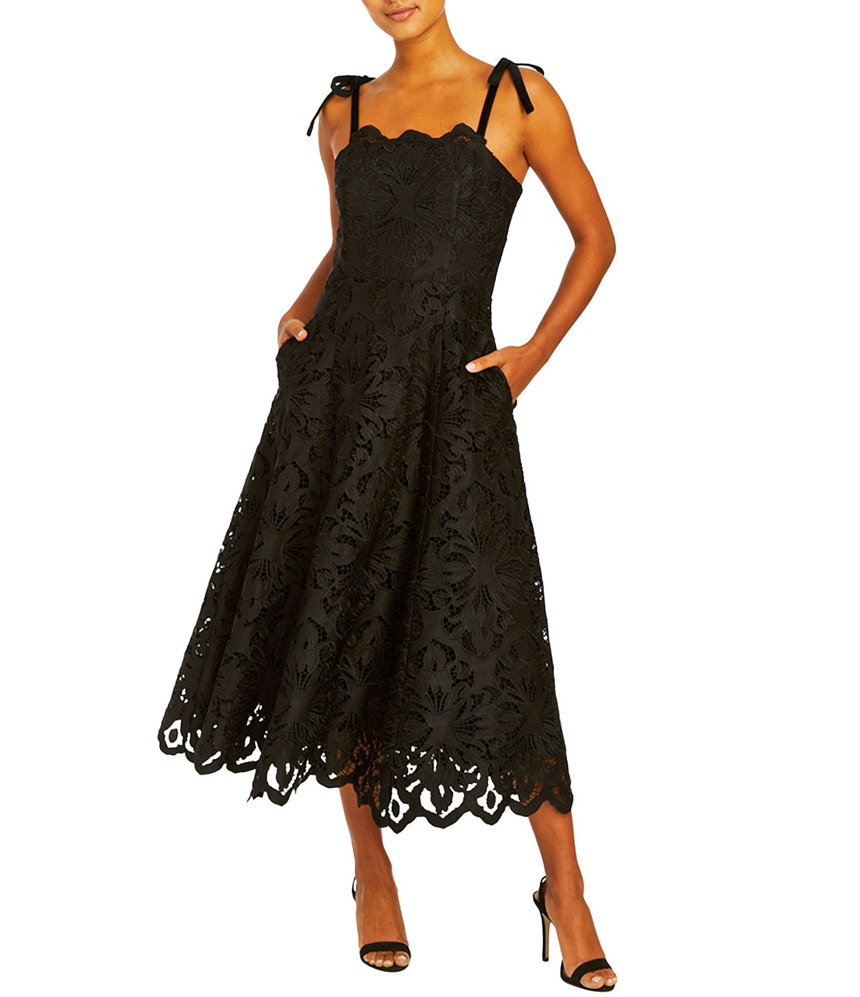 Mestiza New York Cataleya Laser Cut Lace Square Neck Tie Bow Strap Scallop Midi Dress Dillard s