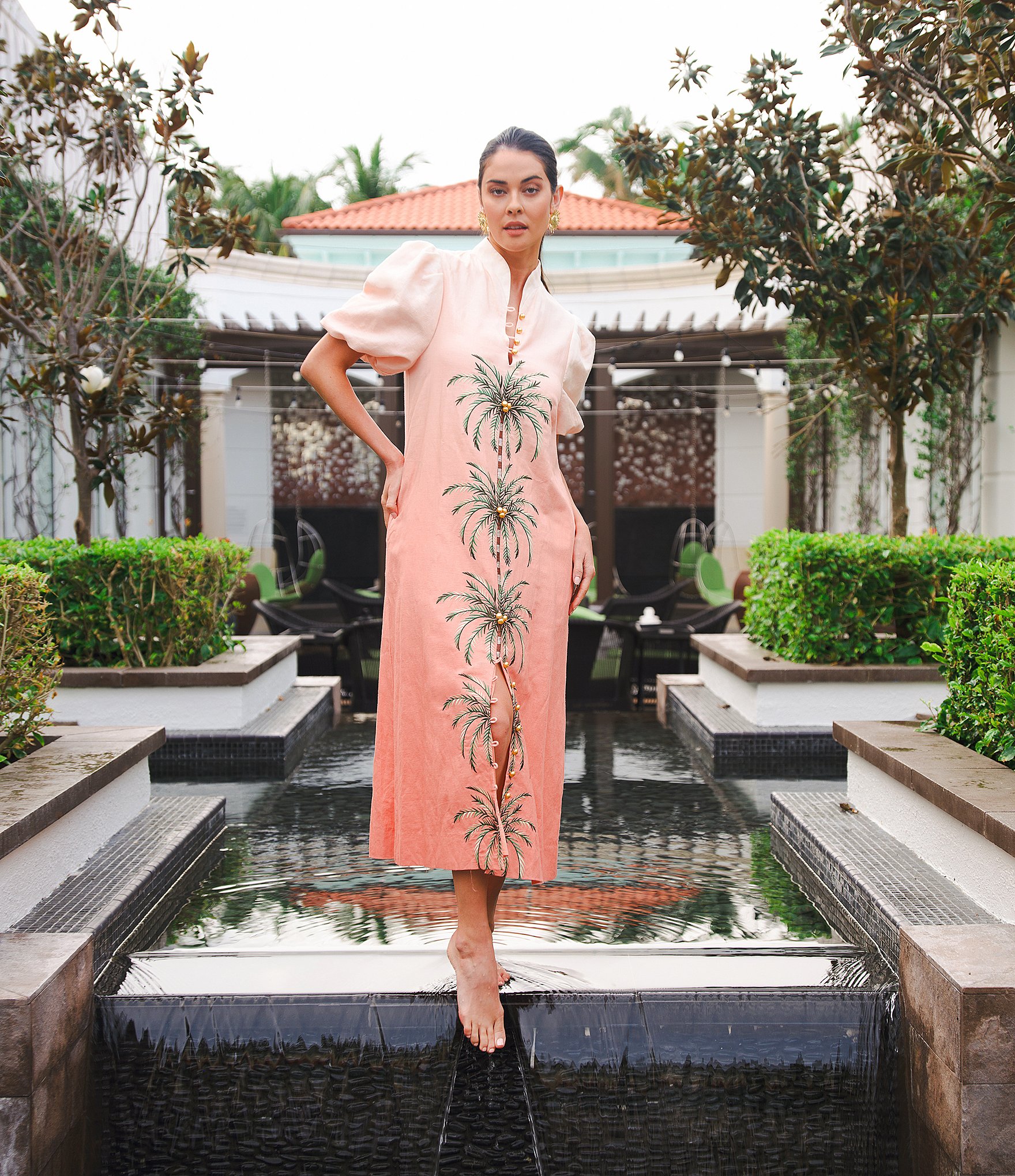 Mestiza New York Elliana Linen Blend Elliana Mandarin Collar Puff Sleeve Embroidered Button Front Midi Dress