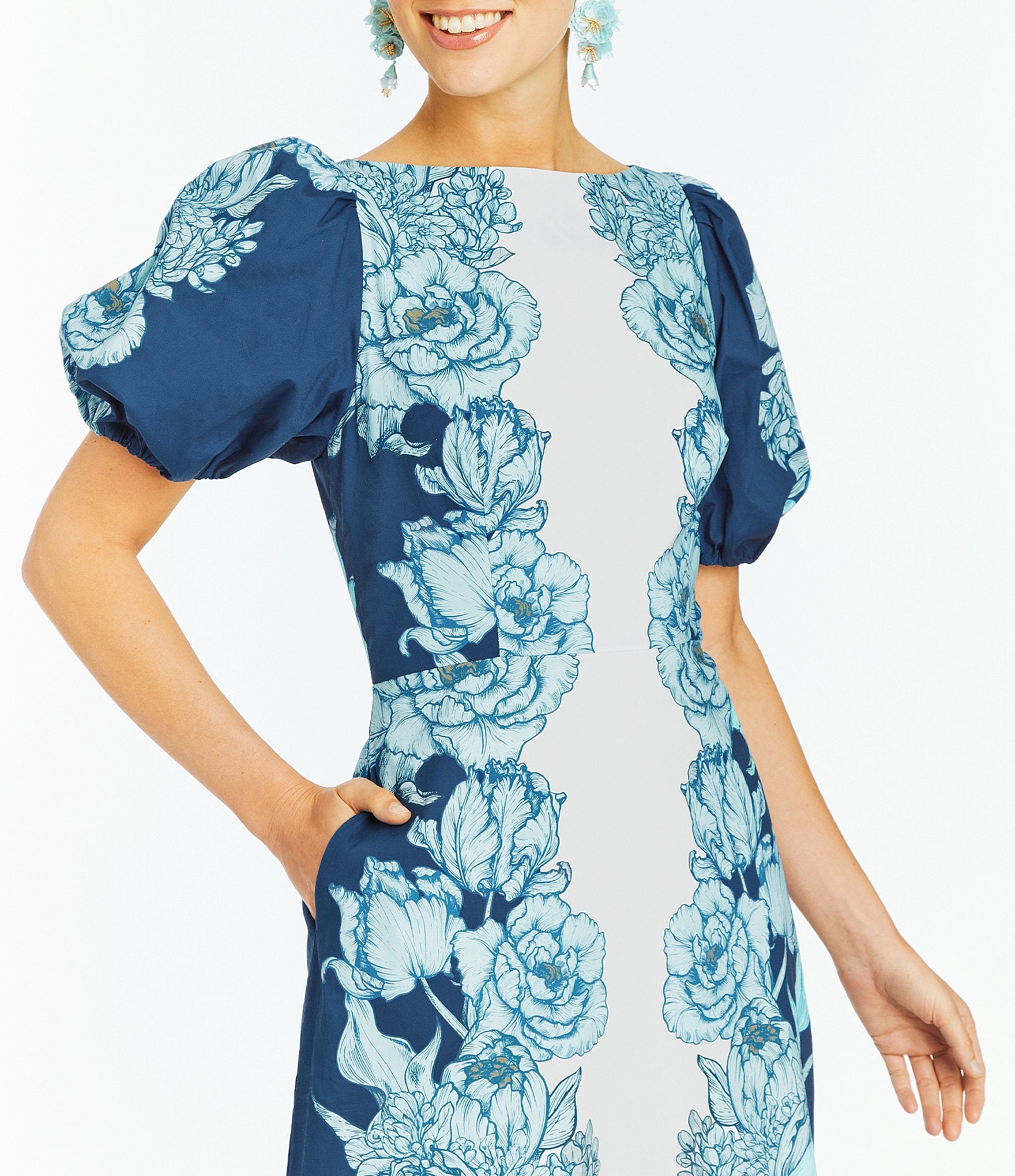 Mestiza New York Faye Poplin Floral Print Boat Short Puff Sleeve Midi A-Line Dress