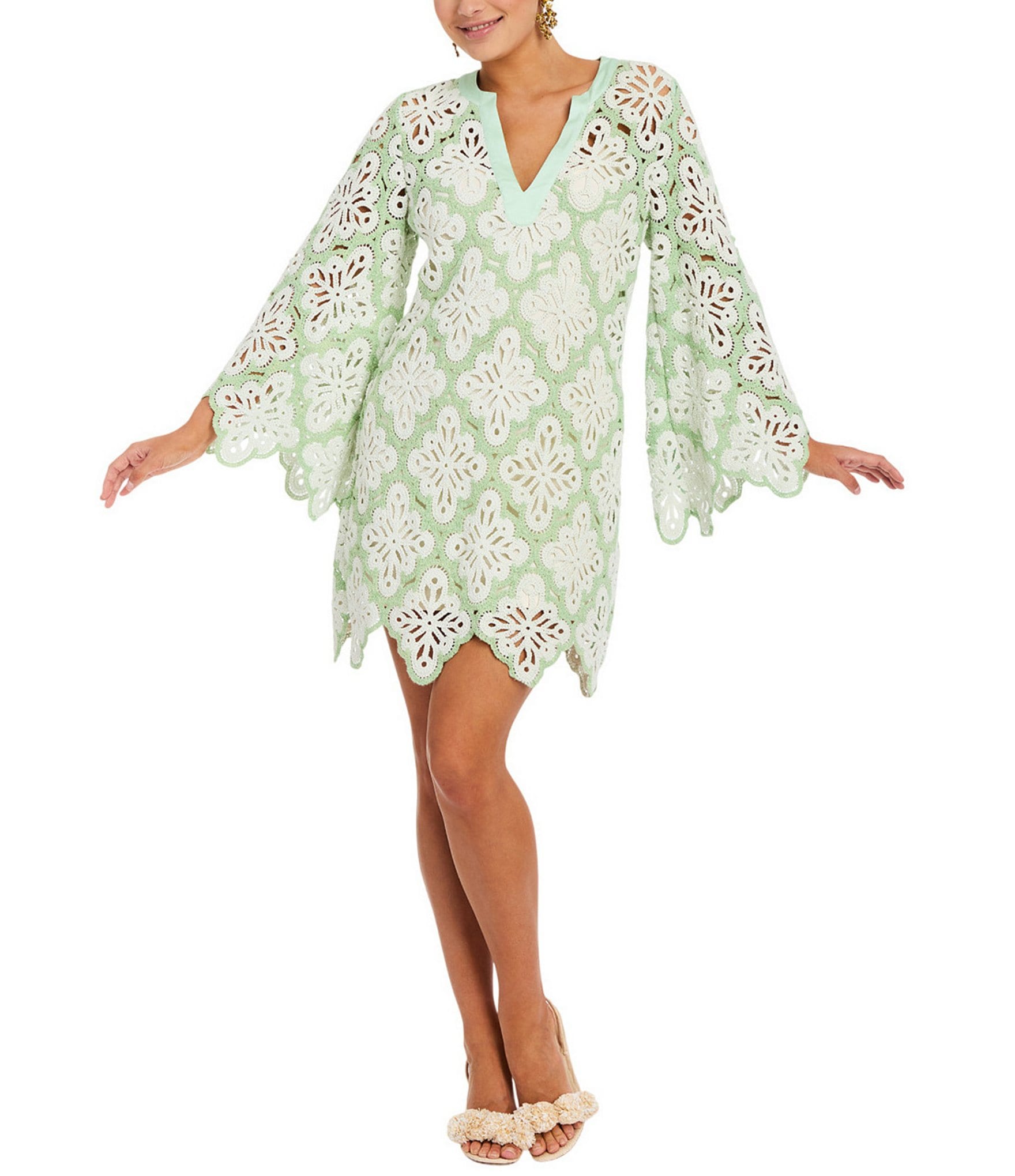 Mestiza New York Palermo Lace Split V-Neck Long Bell Sleeve Scallop Dress