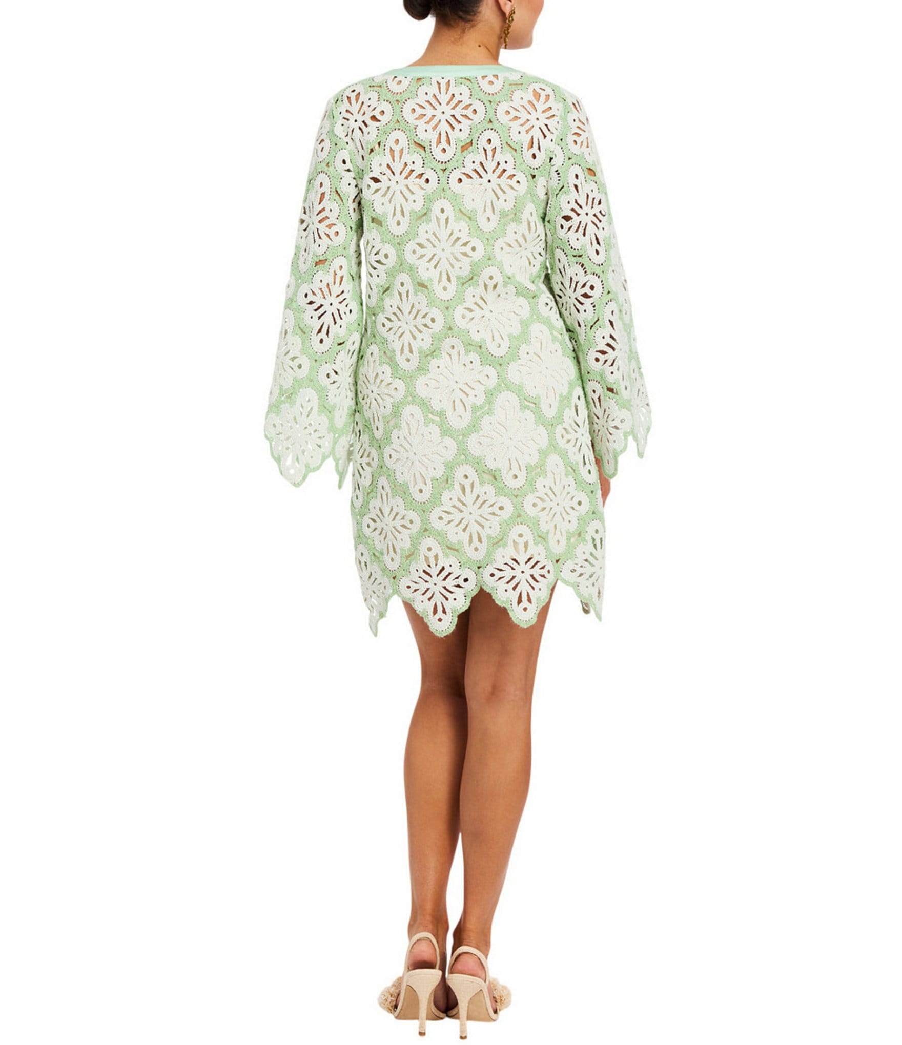 Mestiza New York Palermo Lace Split V-Neck Long Bell Sleeve Scallop Dress