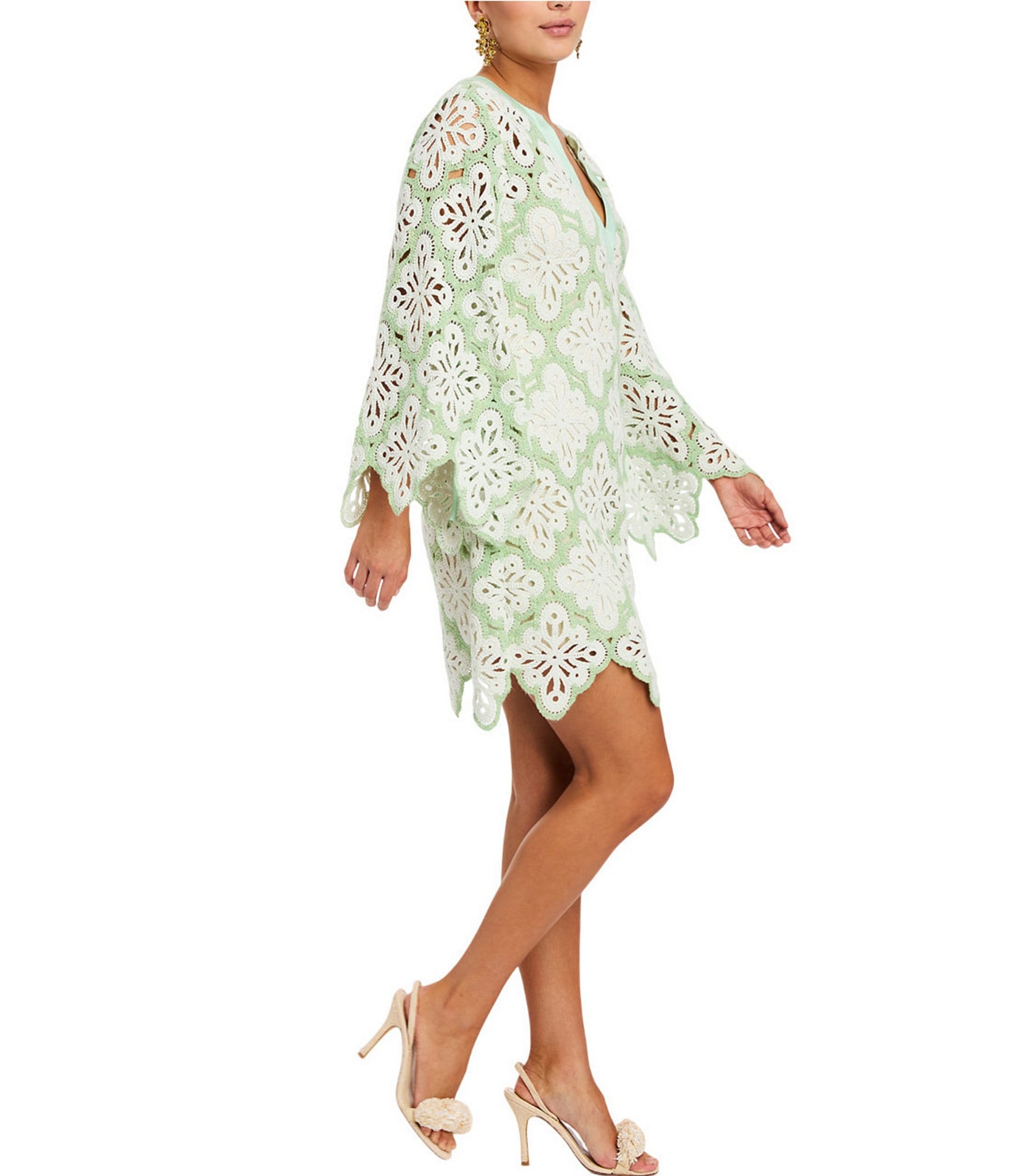 Mestiza New York Palermo Lace Split V-Neck Long Bell Sleeve Scallop Dress