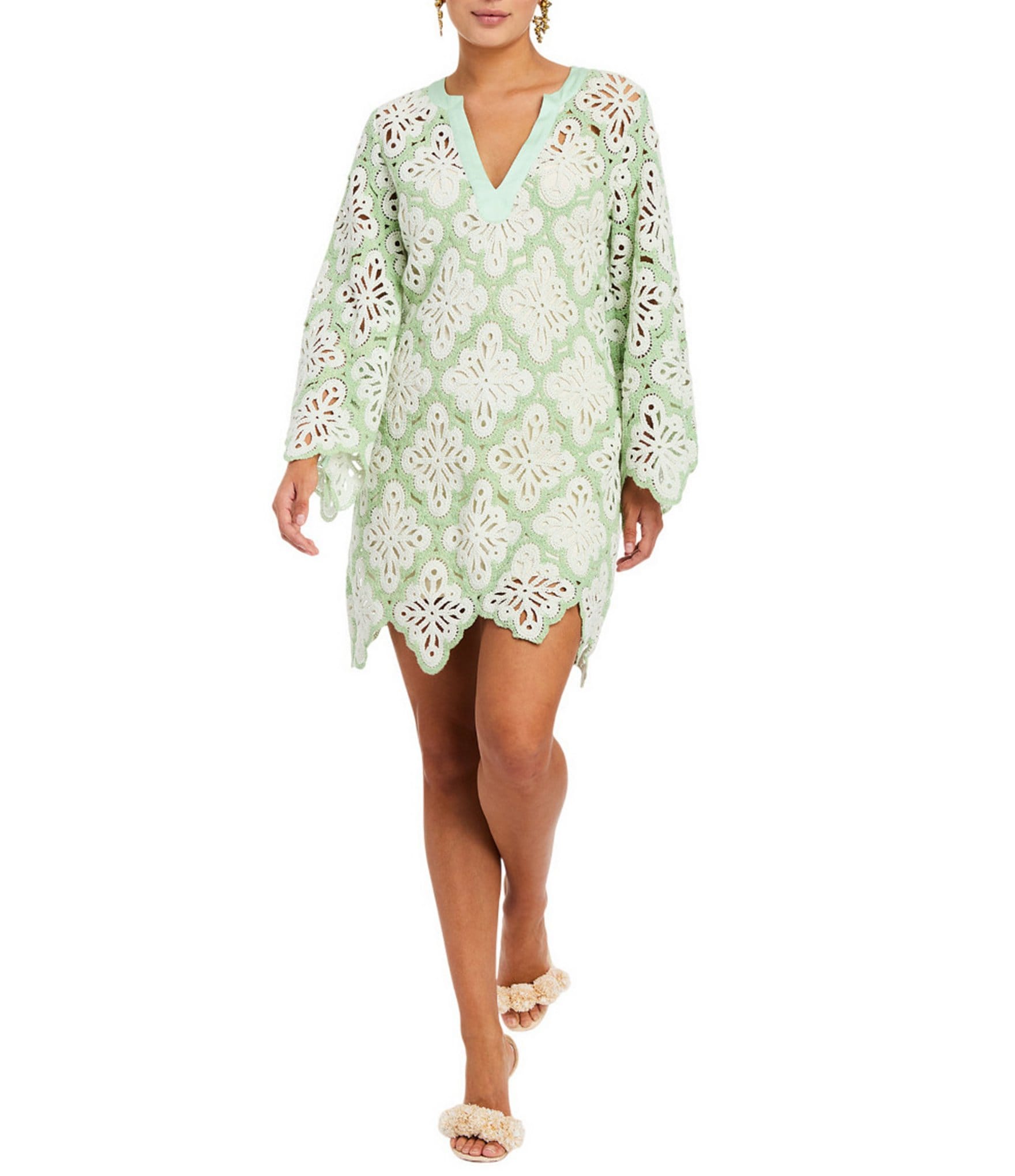 Mestiza New York Palermo Lace Split V-Neck Long Bell Sleeve Scallop Dress