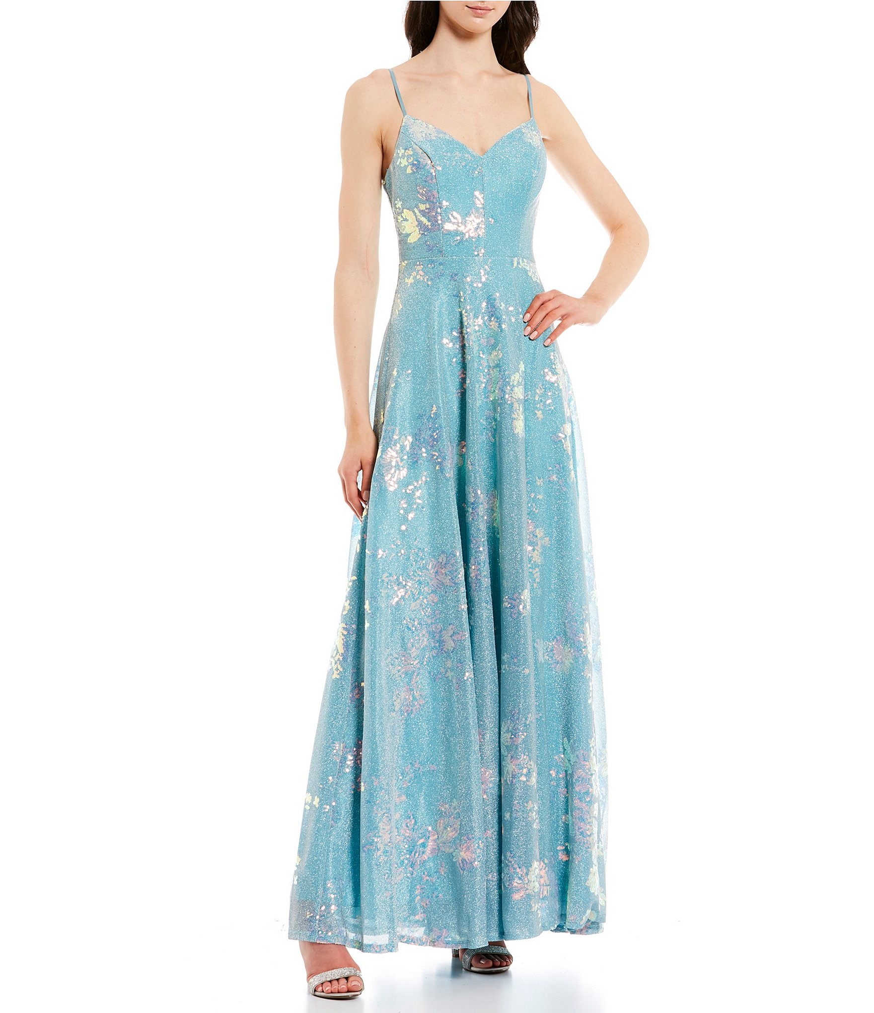 Metallic Floral Print V-Neck Long Dress | Dillard's