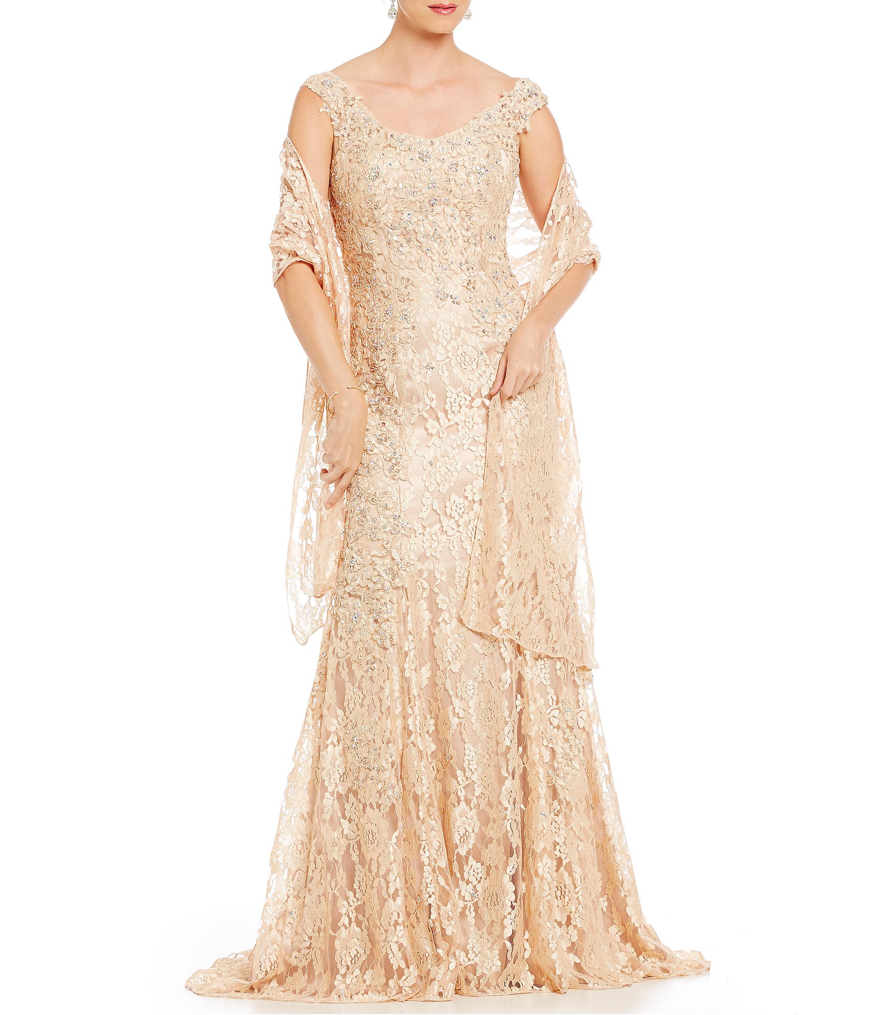 MGNY Madeline Gardner New York, Beaded Lace Applique Gown | Dillards