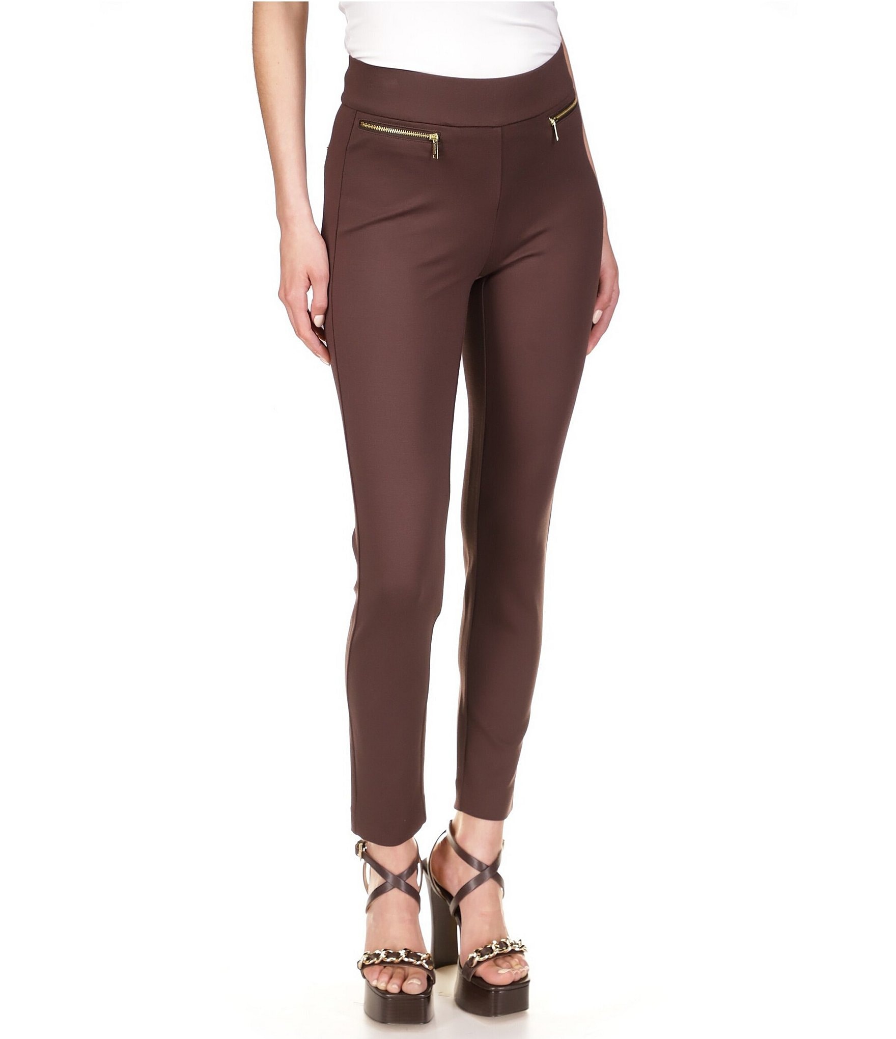 Michael Kors Pants Womens 6 Brown Skinny Gold Zippers Stretch Knit Comfort  City | eBay