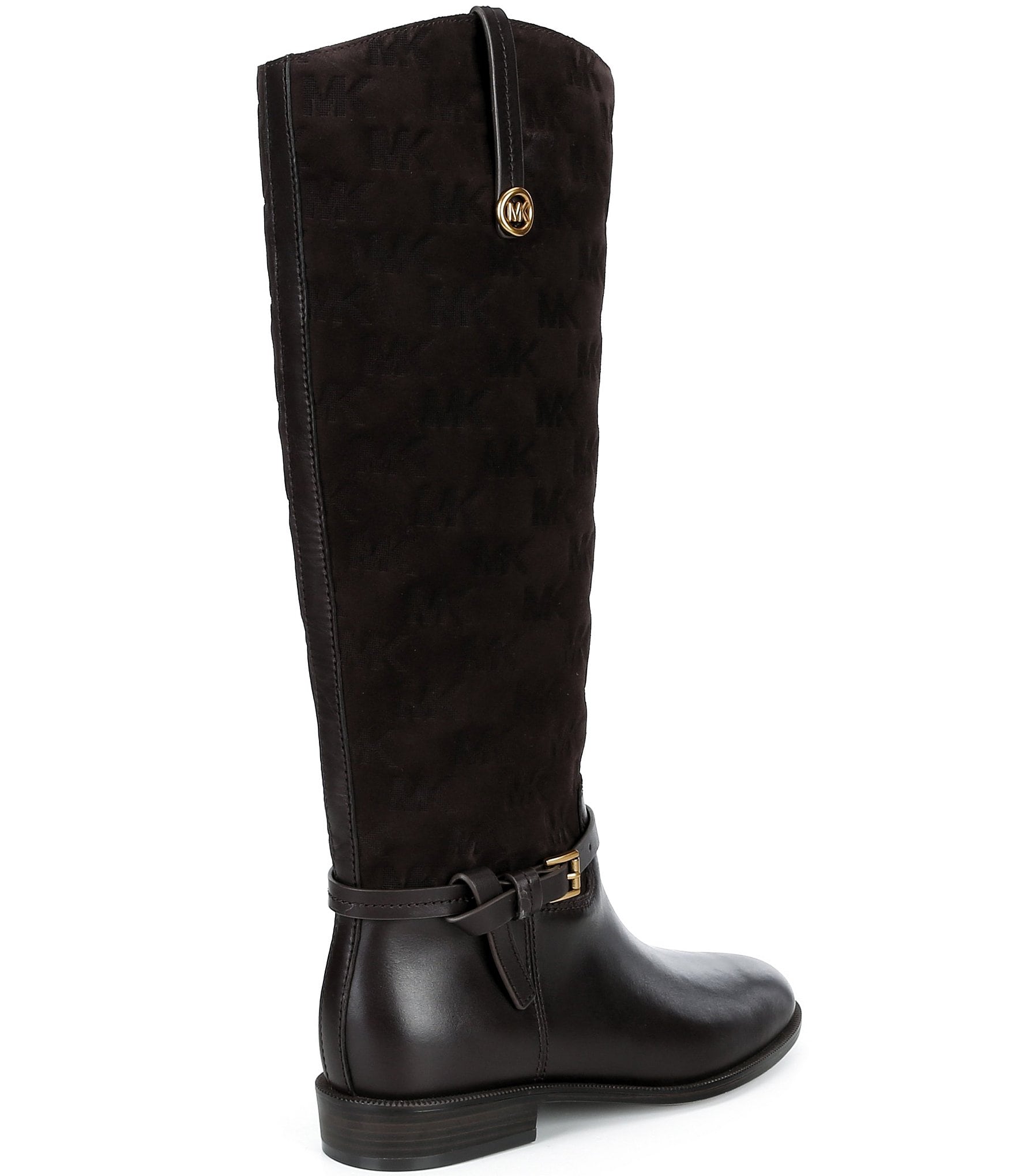 Michael Kors Beverly Flat Leather MK Logo Embossed Suede Tall Riding Boots