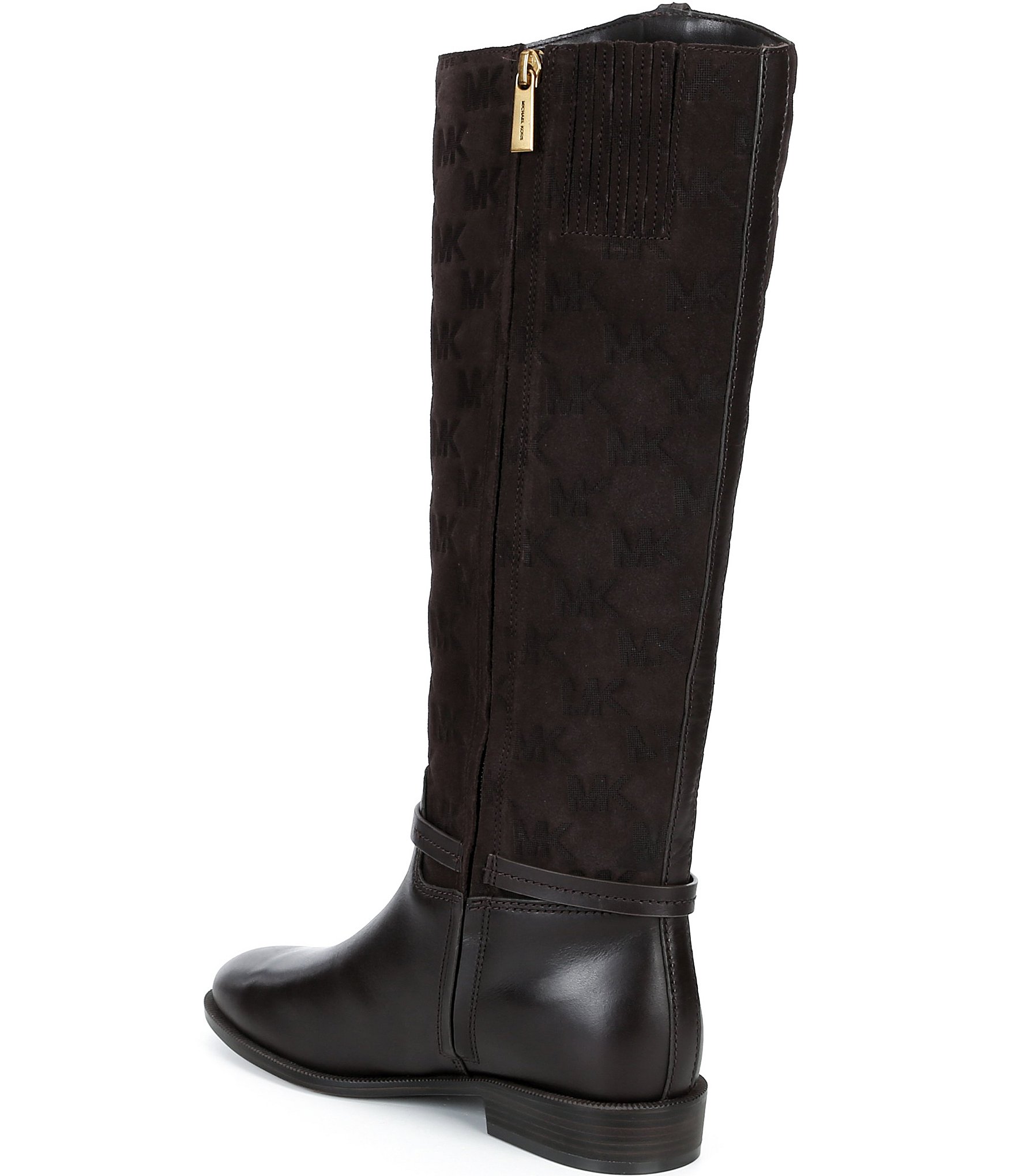 Michael Kors Beverly Flat Leather MK Logo Embossed Suede Tall Riding Boots