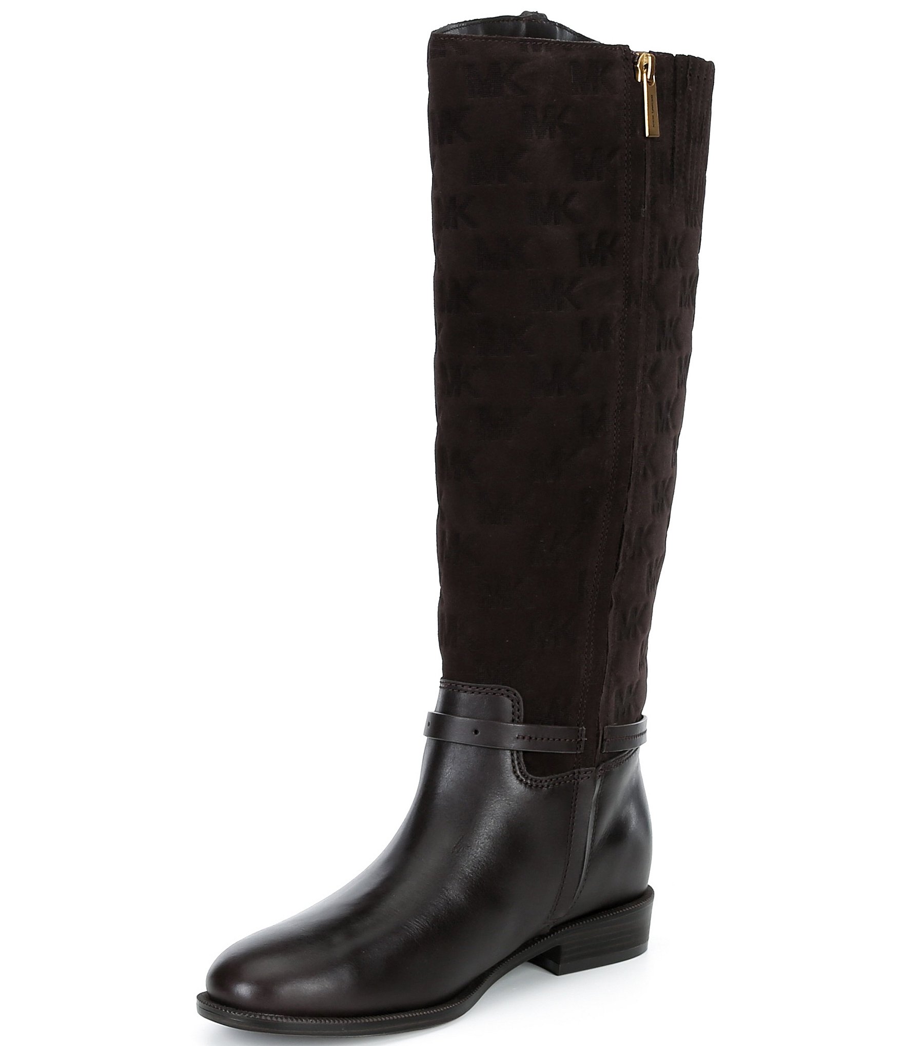 Michael Kors Beverly Flat Leather MK Logo Embossed Suede Tall Riding Boots