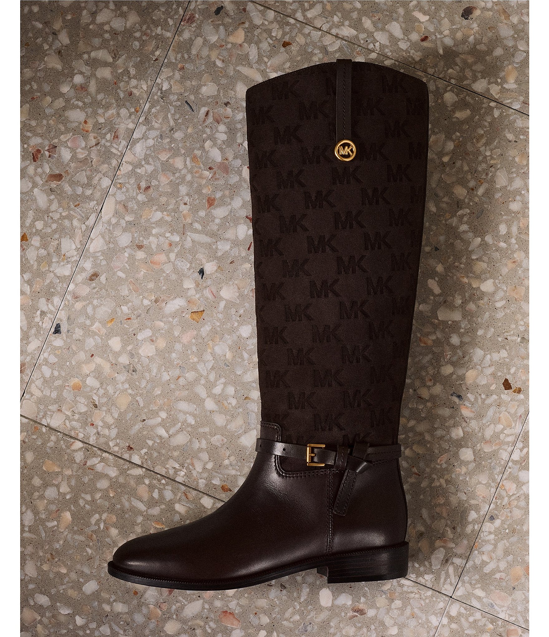 Michael Kors Beverly Flat Leather MK Logo Embossed Suede Tall Riding Boots