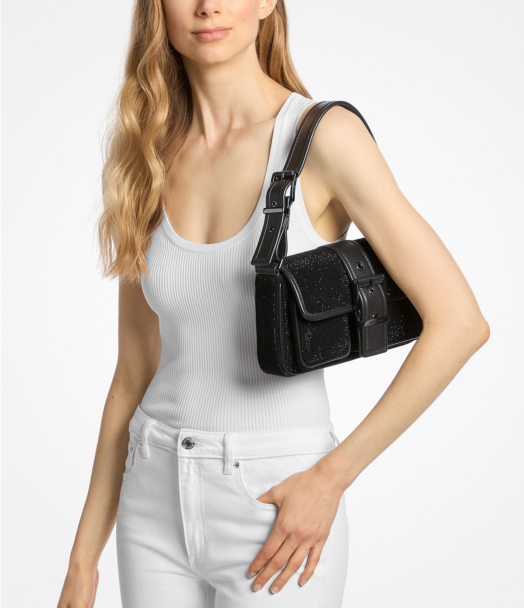 Michael Kors Colby Medium Rhinestoned Gunmetal Belted Shoulder Bag