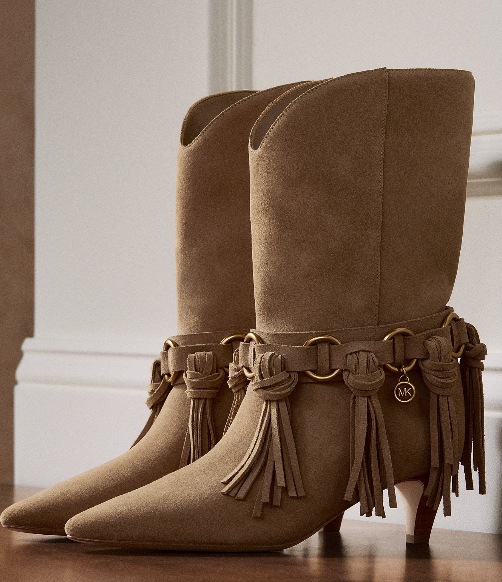 Michael Kors Daniela Fringe Suede Kitten Heel Mid Calf Boots